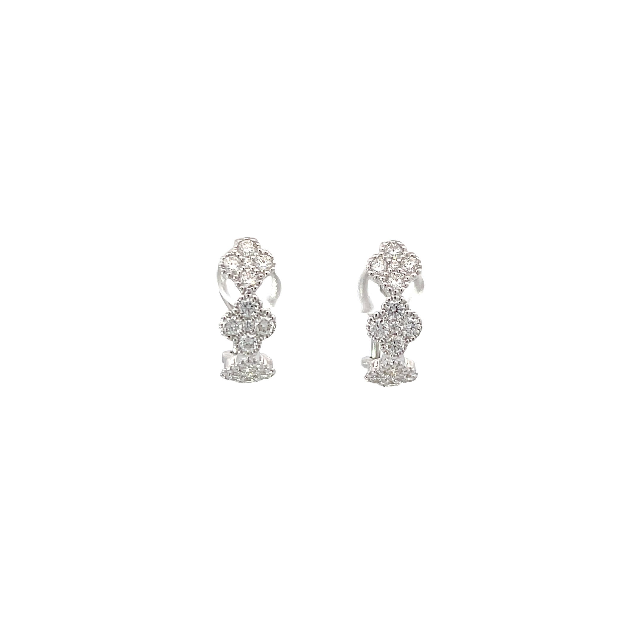 14K Clover Style White Gold Latch Back Earrings with 30 Diamonds