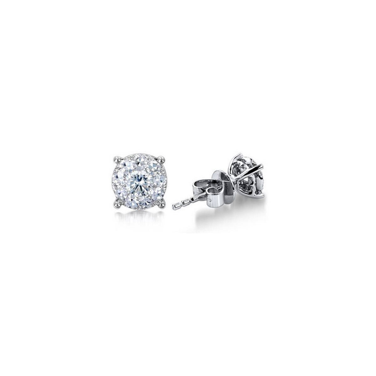 18K White Gold Round Diamond Cluster Illusion Stud Earrings