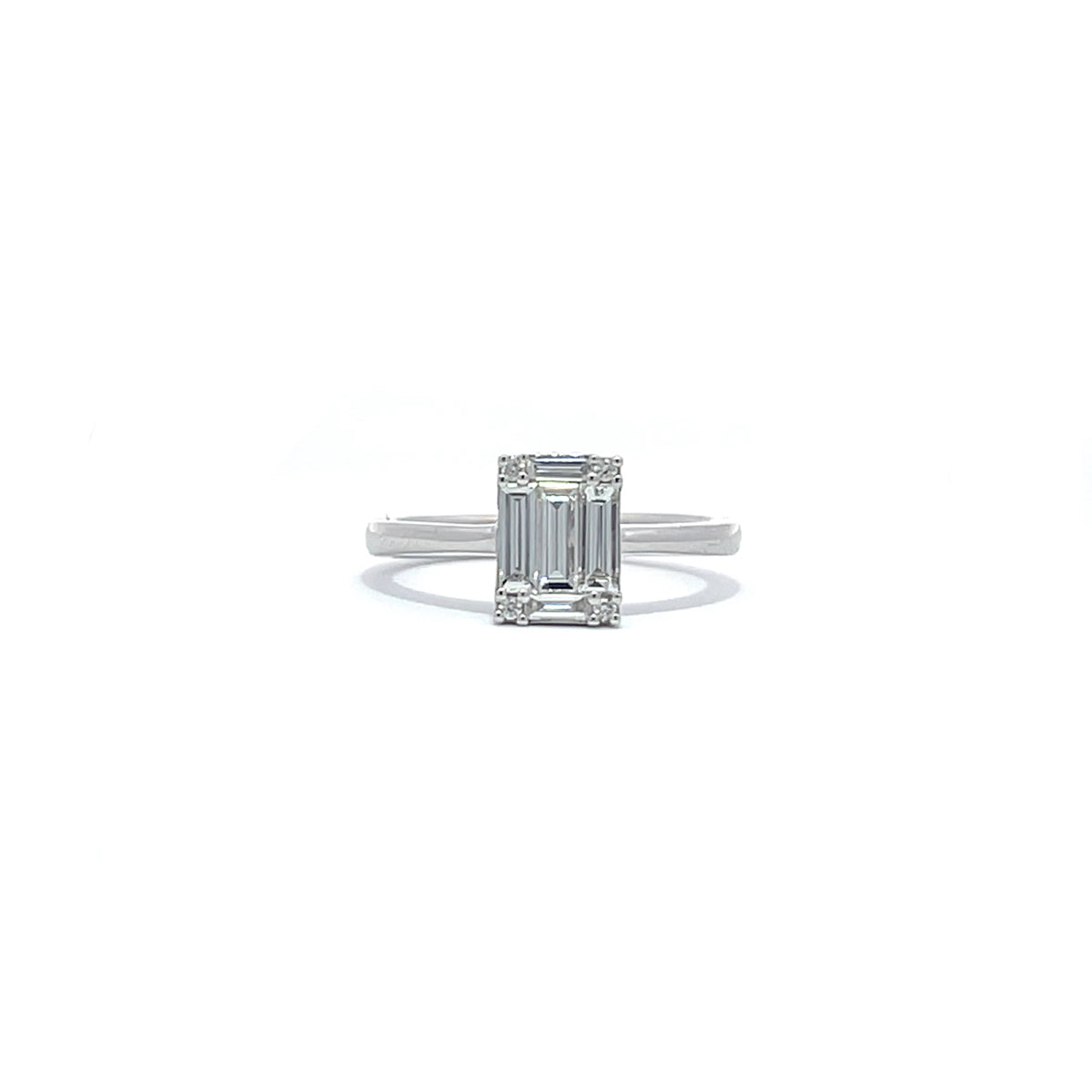 14K White Gold Emerald Cut Illusion Ring with Baguette Cut and Round Brilliant Diamonds