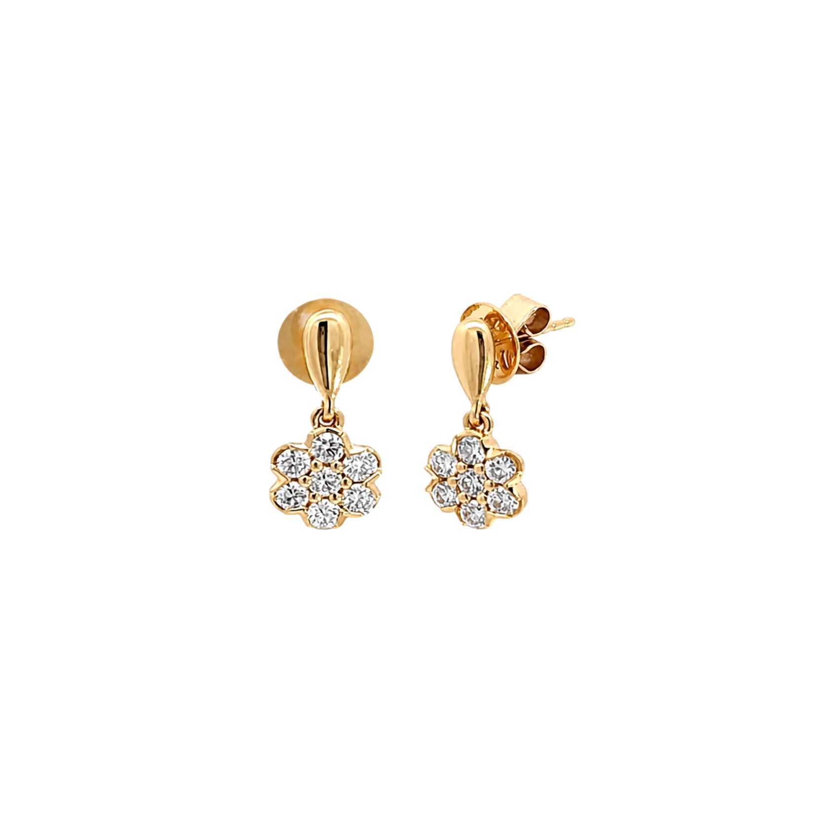 14K Yellow Gold Floral Diamond Cluster Drop Earrings