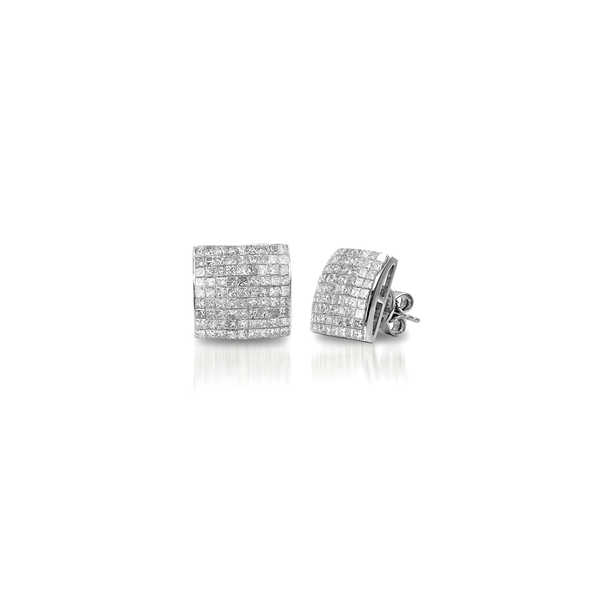 14K White Gold Square Grid Stud Earrings with 162 Diamonds
