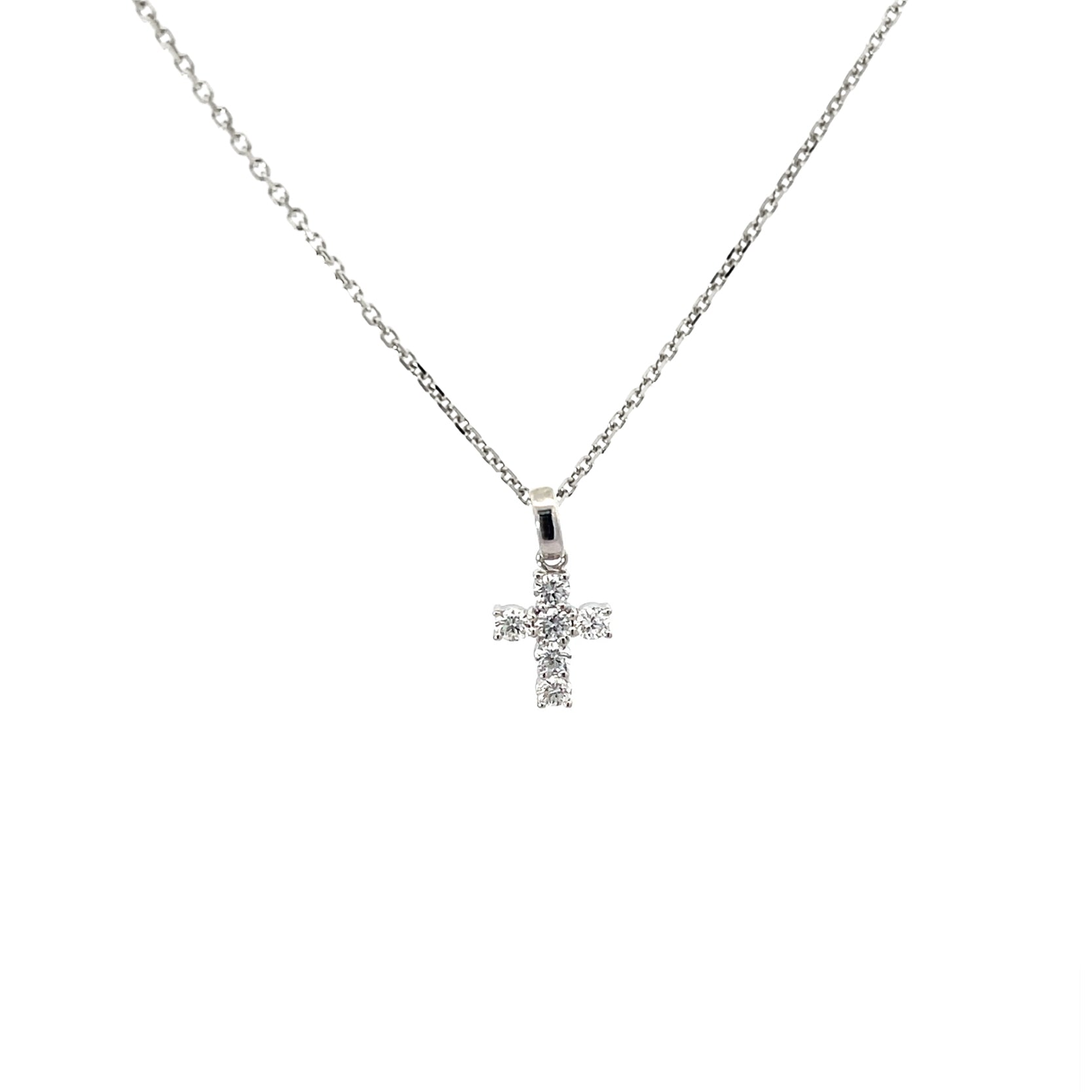 14K White Gold Cross Pendant with Bale and 6 Diamonds