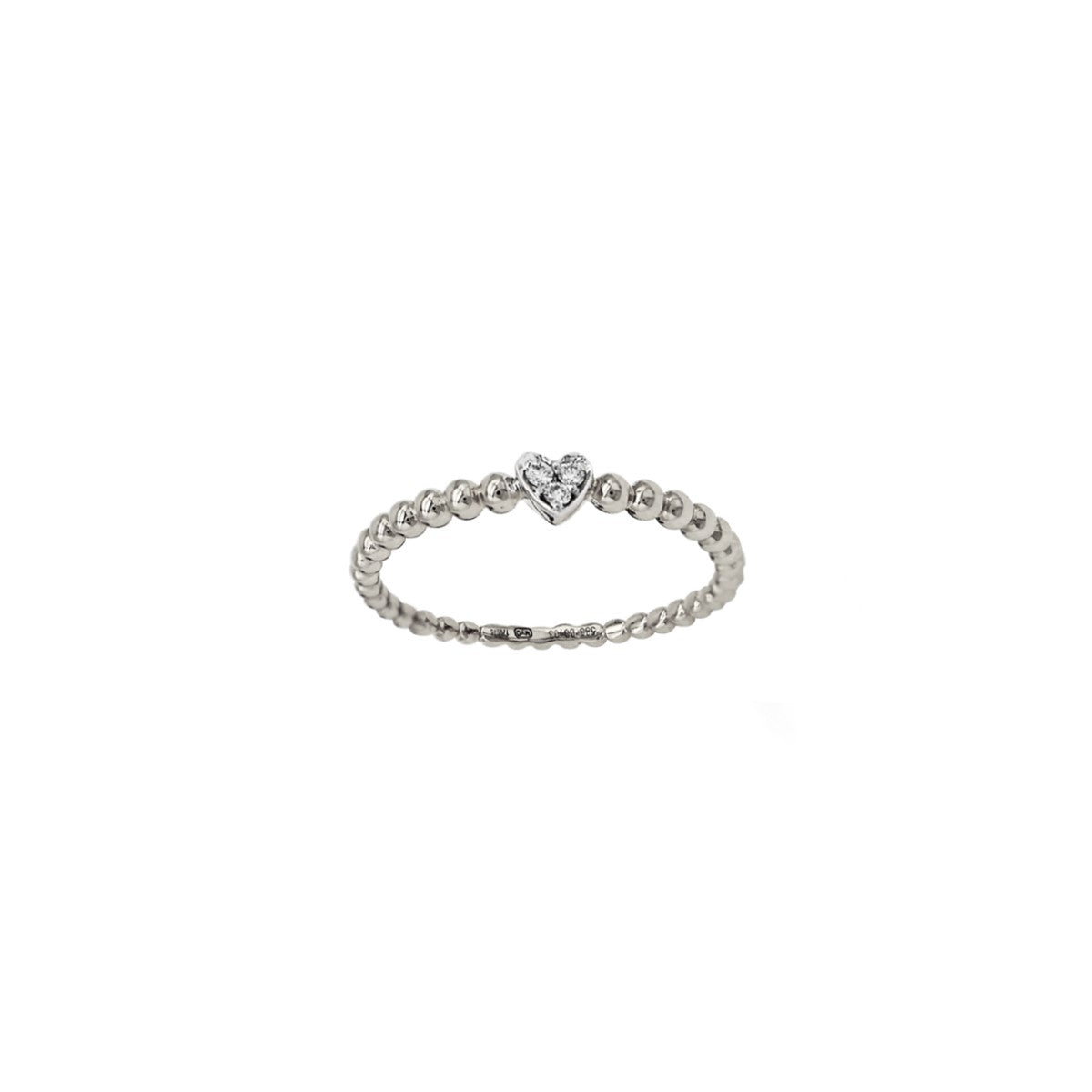 14K White Gold Petite Heart Ring with Beaded Shank and 3 Diamonds