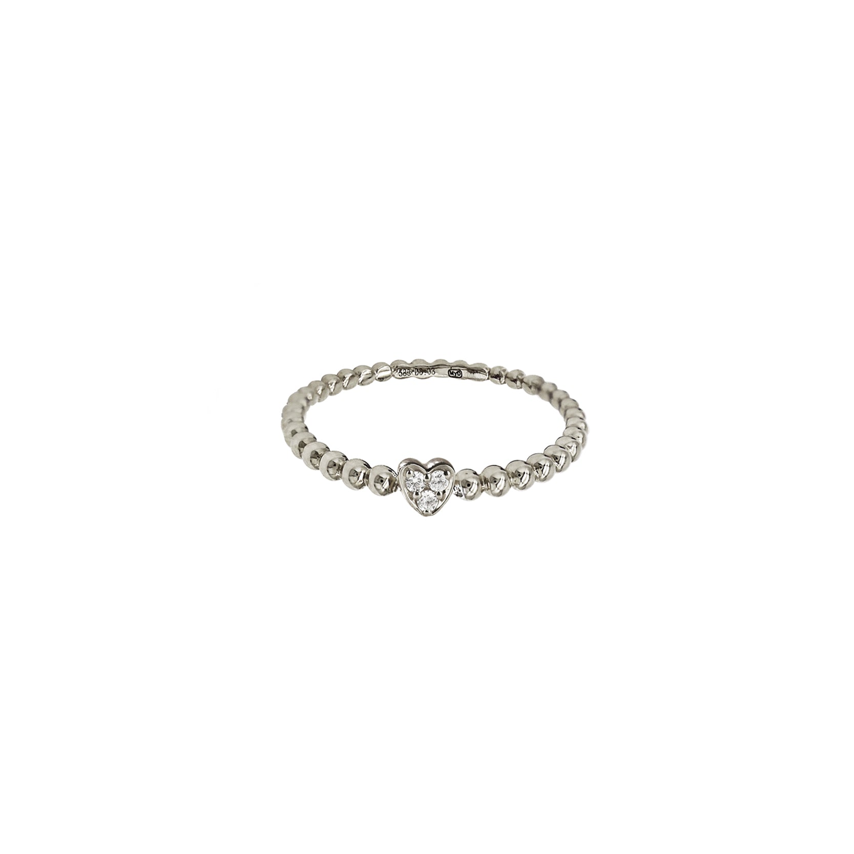 14K White Gold Petite Heart Ring with Beaded Shank and 3 Diamonds