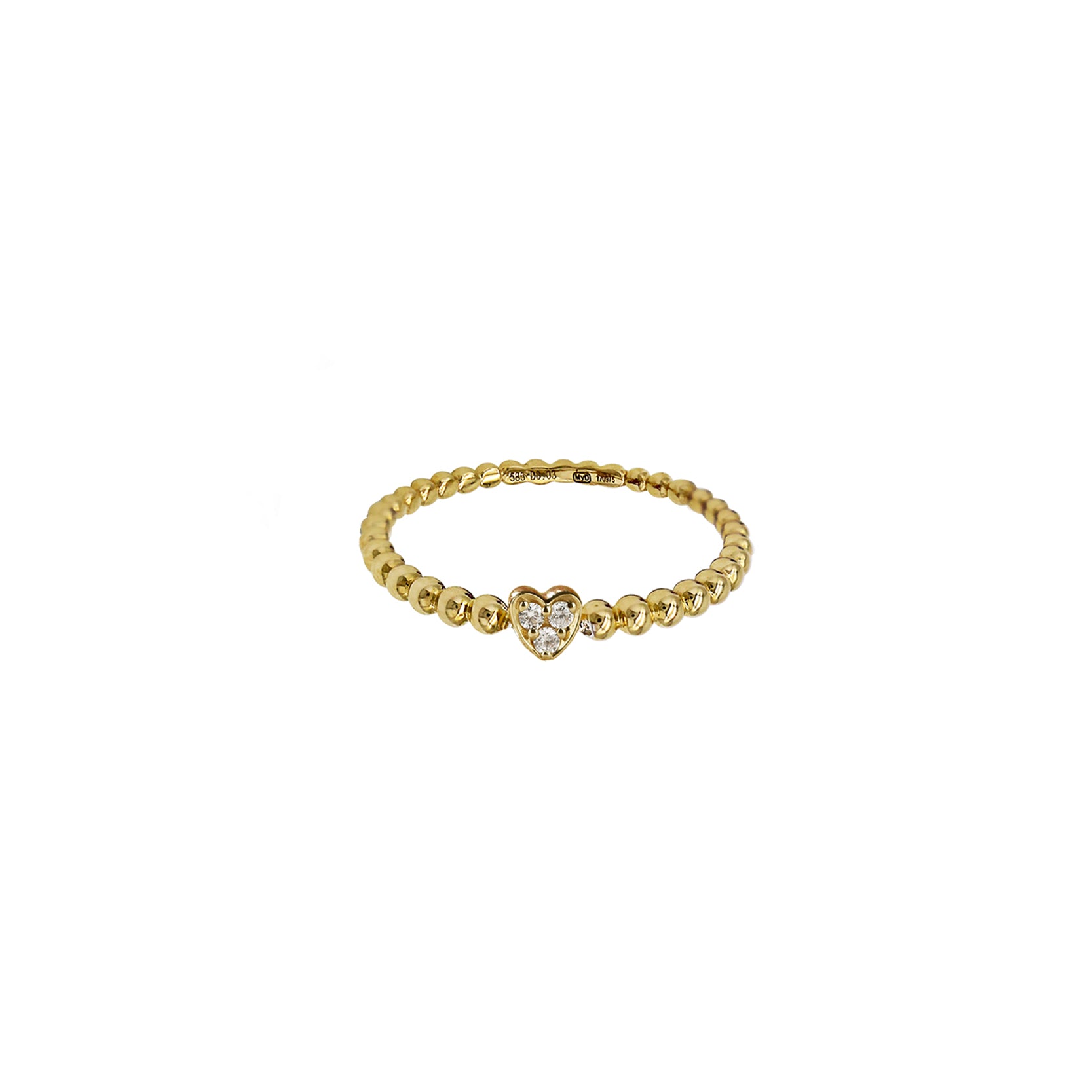 14K Yellow Gold Petite Heart Ring with Beaded Shank and 3 Diamonds