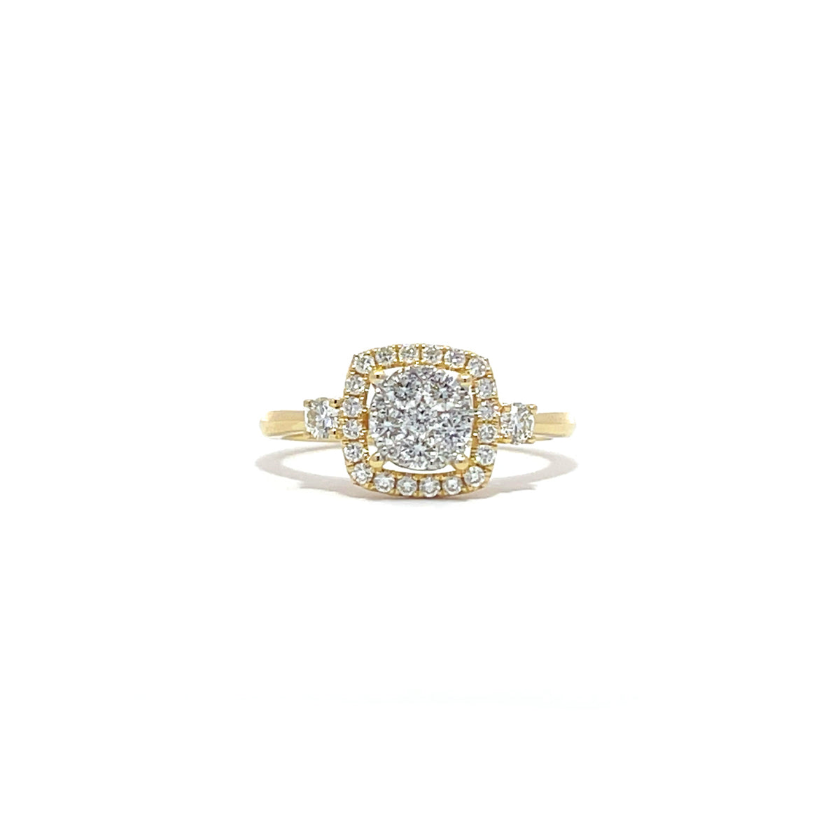 14K Yellow Gold Square Halo Illusion Ring with 33 Diamonds