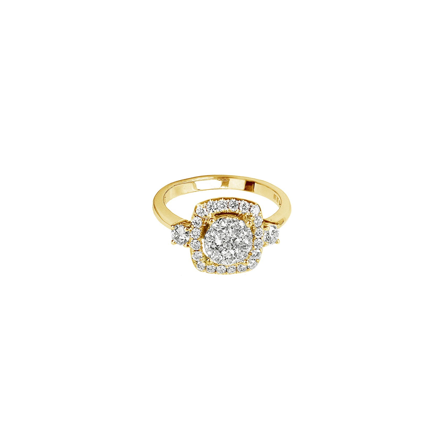 14K Yellow Gold Square Halo Illusion Ring with 33 Diamonds