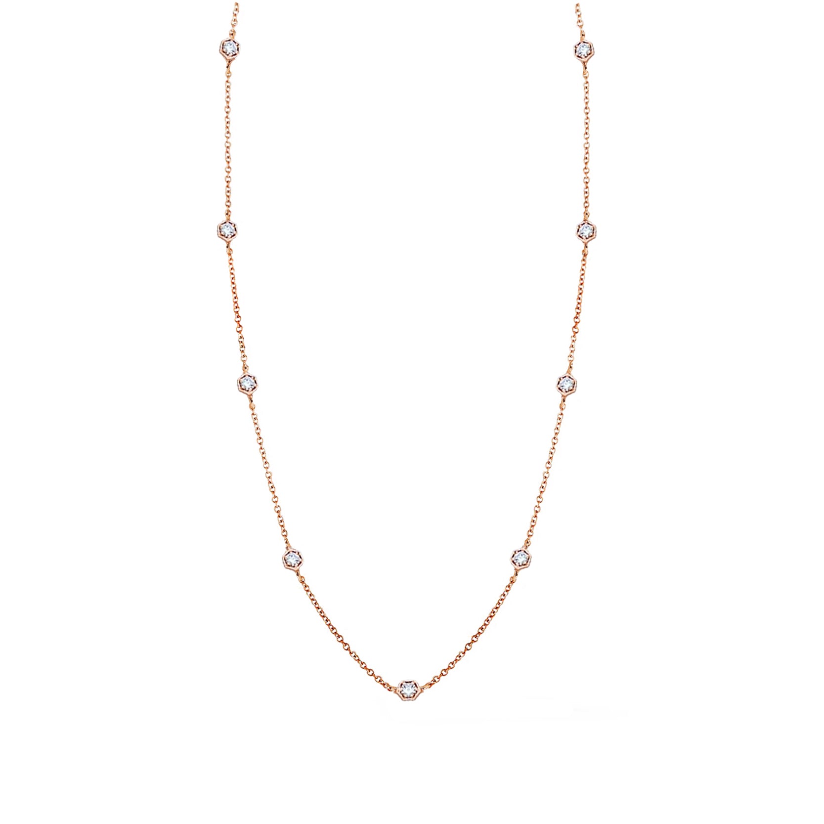14K Rose Gold Hexagonal Setting Diamond Satellite Necklace