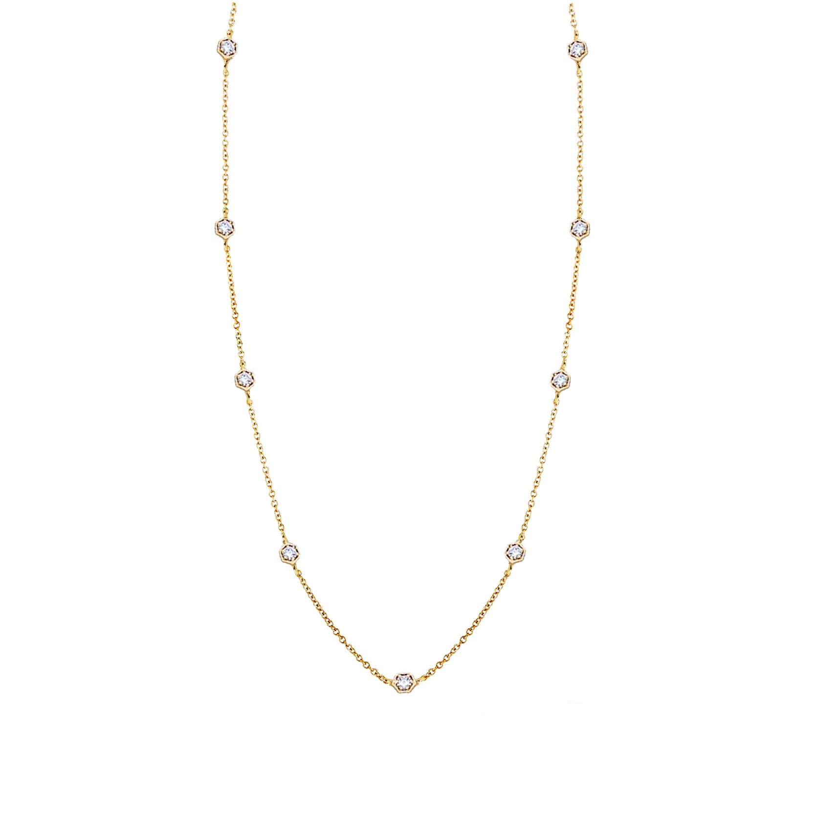 14K Yellow Gold Hexagonal Setting Diamond Satellite Necklace