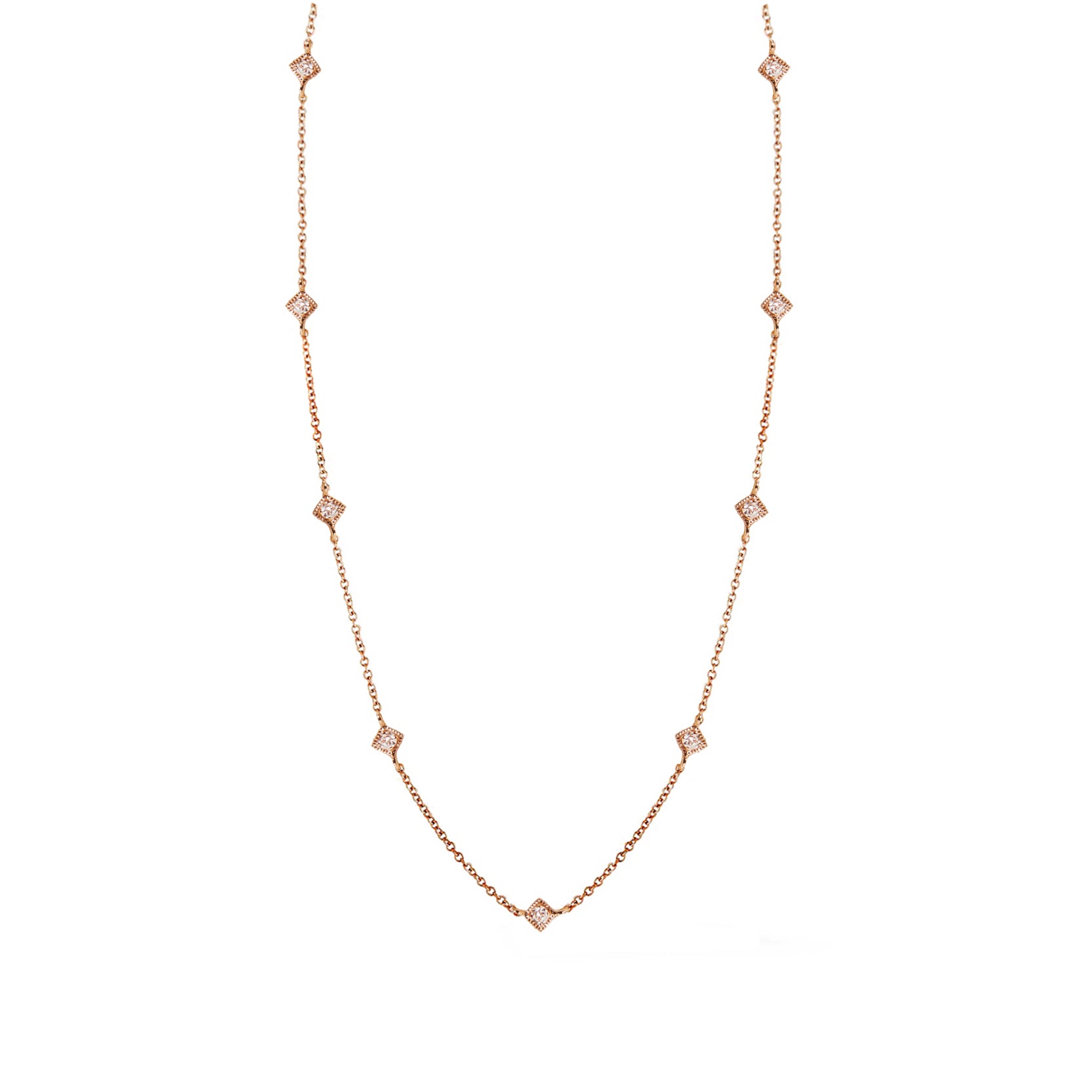 14K Rose Gold Milgrain Diamond Shape Setting Diamond Satellite Necklace