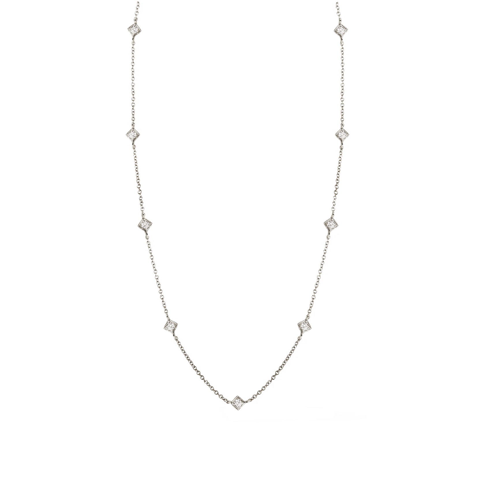 14K White Gold Milgrain Diamond Shape Setting Diamond Satellite Necklace