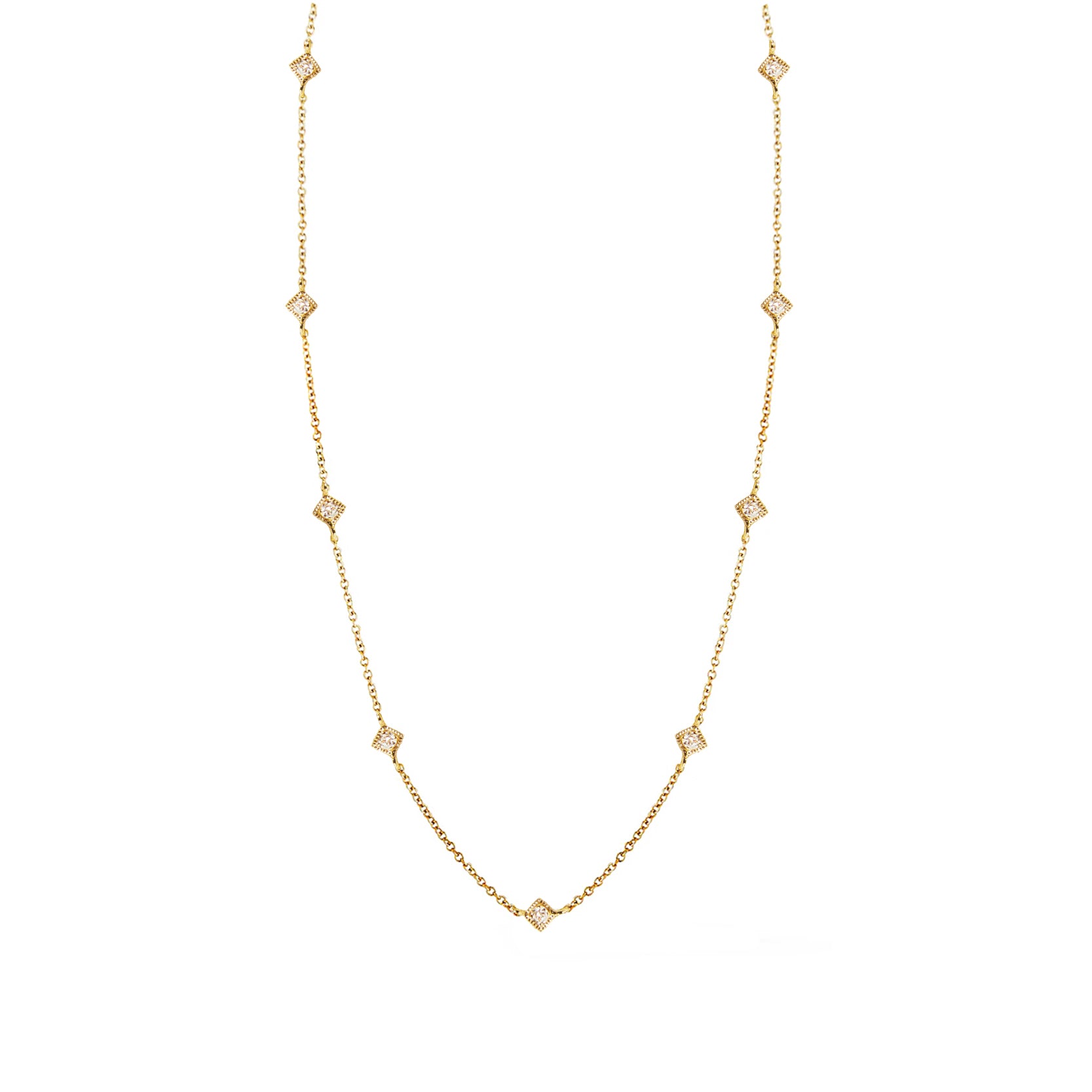 14K Yellow Gold Milgrain Diamond Shape Setting Diamond Satellite Necklace