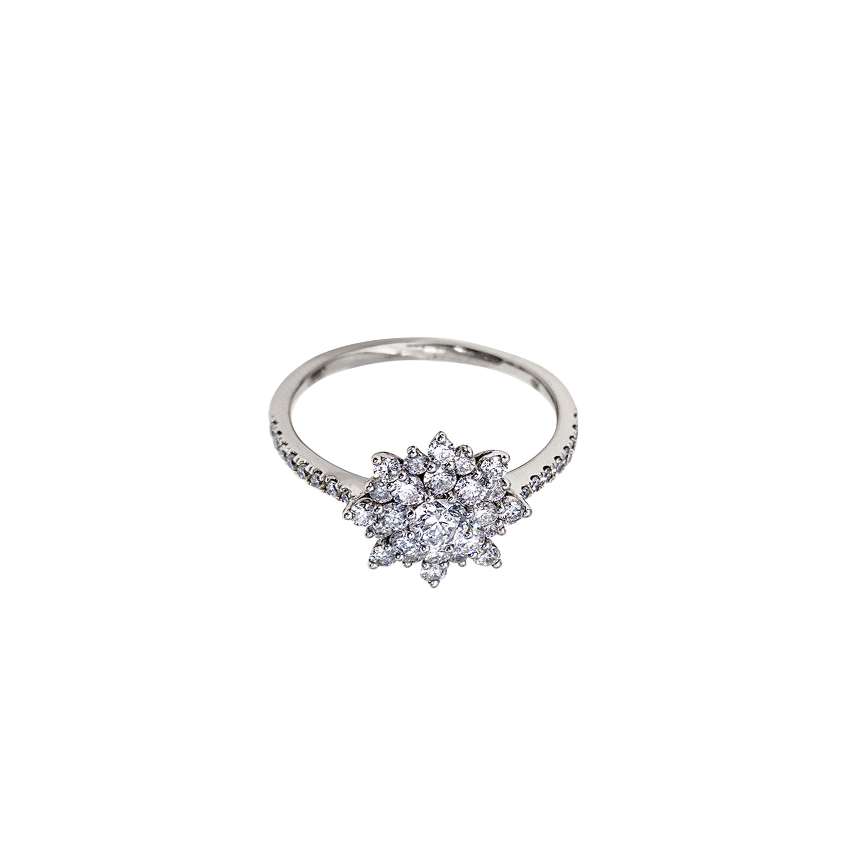 14K White Gold Diamond Starflower Cluster Ring with Pave Side Stones