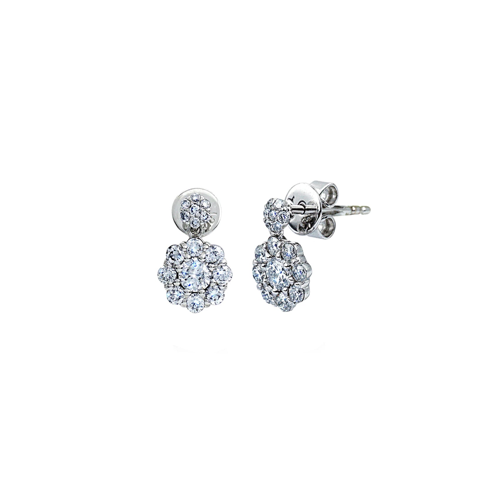 14K White Gold Diamond Rosette Drop Earrings