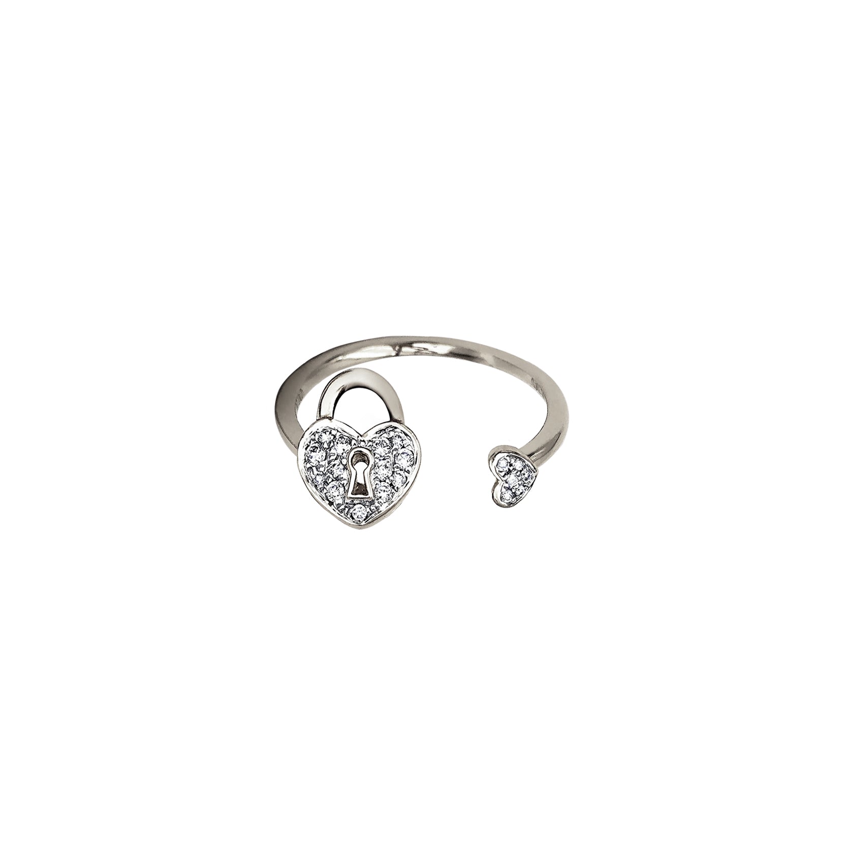 14K White Gold Open Ring with Diamond Heart Lock Motif