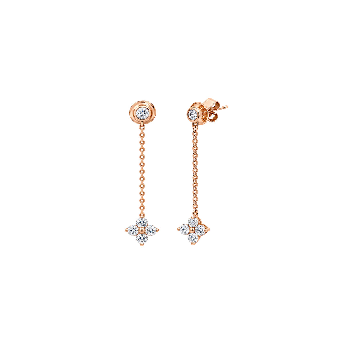 14K Rose Gold Dangling Chain and Diamond Star Cluster Earrings