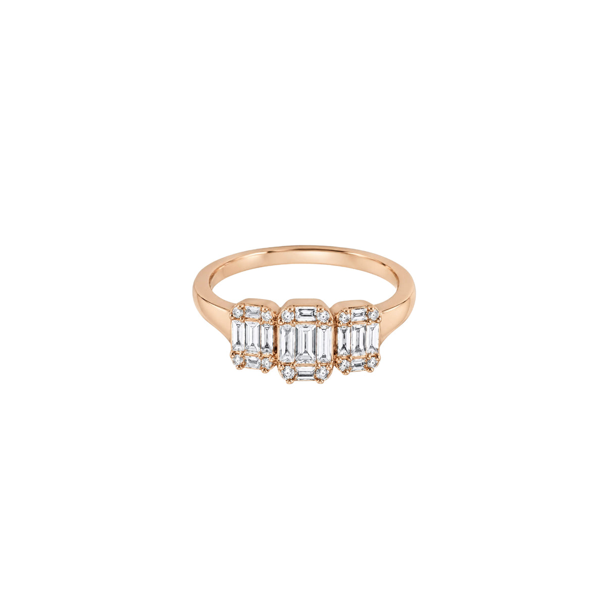 14K Rose Gold Emerald Cut Illusion Diamond Trilogy Ring
