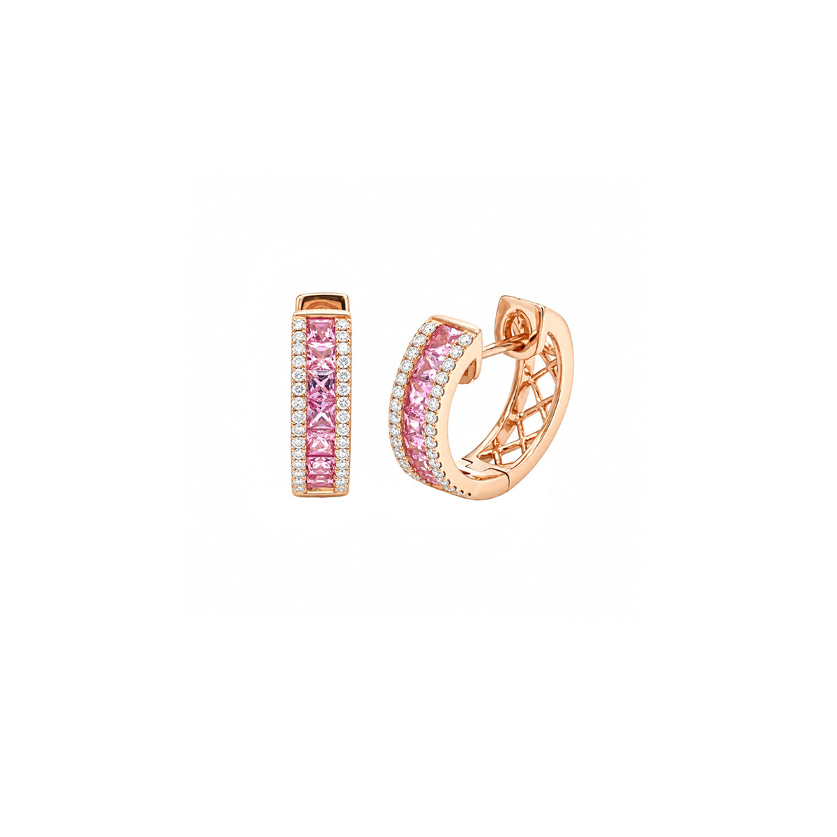 14K Rose Gold Thin-Set Pink Sapphire and Diamond Hinged Hoop Earrings
