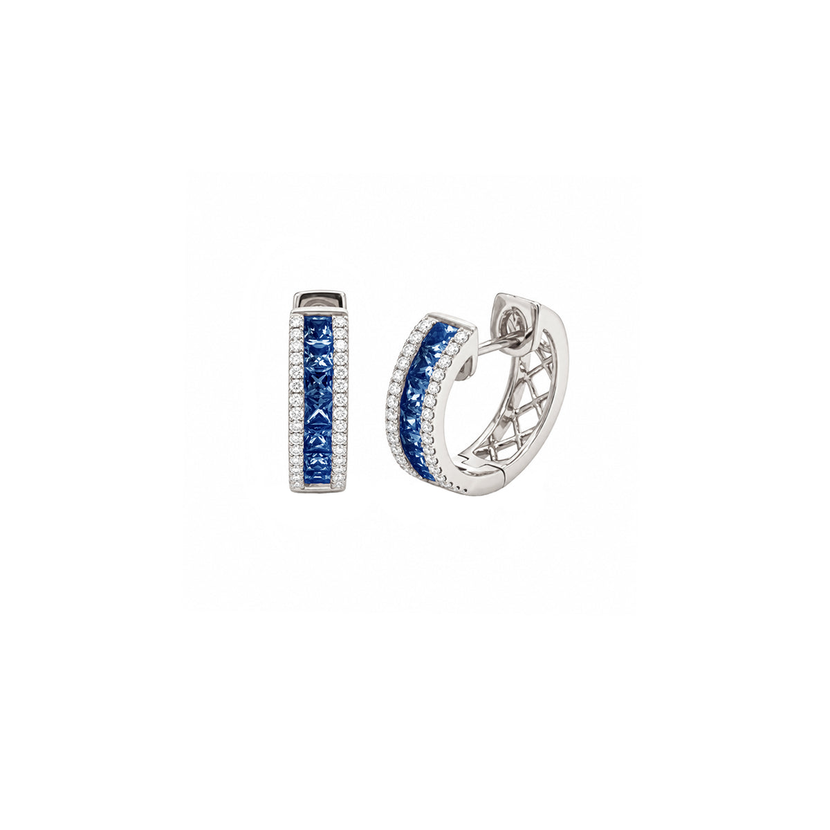 14K White Gold Thin-Set Sapphire and Diamond Hinged Hoop Earrings