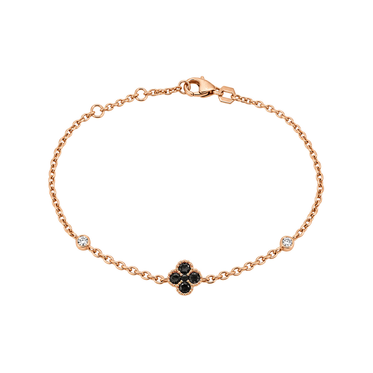 14K Rose Gold Chain Bracelet with Black Diamond Clover Cluster and Bezel Set Diamonds