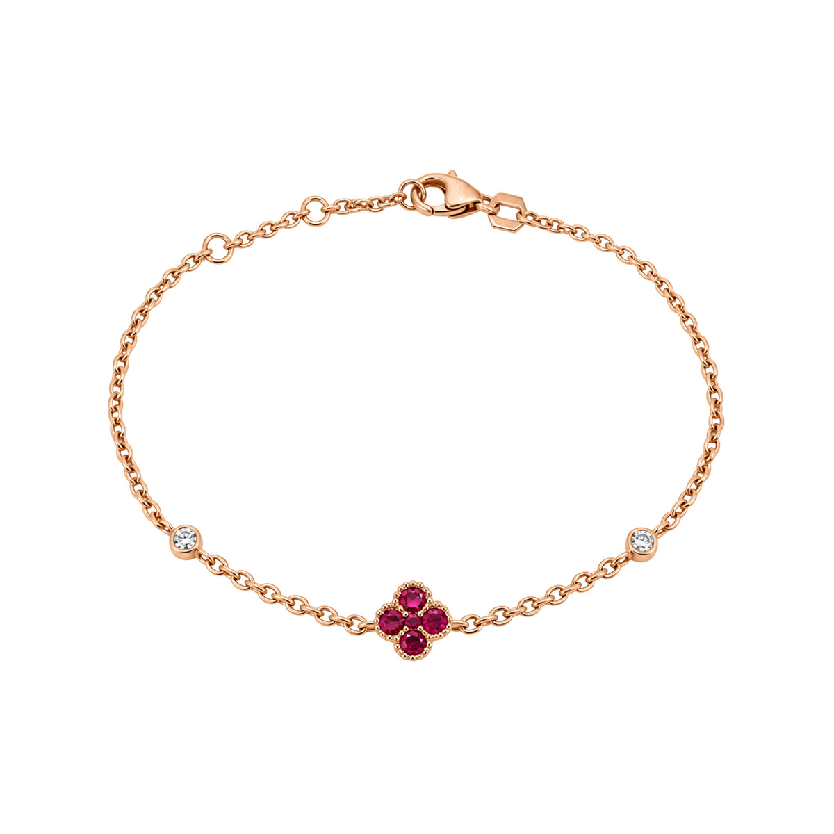 14K Rose Gold Chain Bracelet with Ruby Clover Cluster and Bezel Set Diamonds
