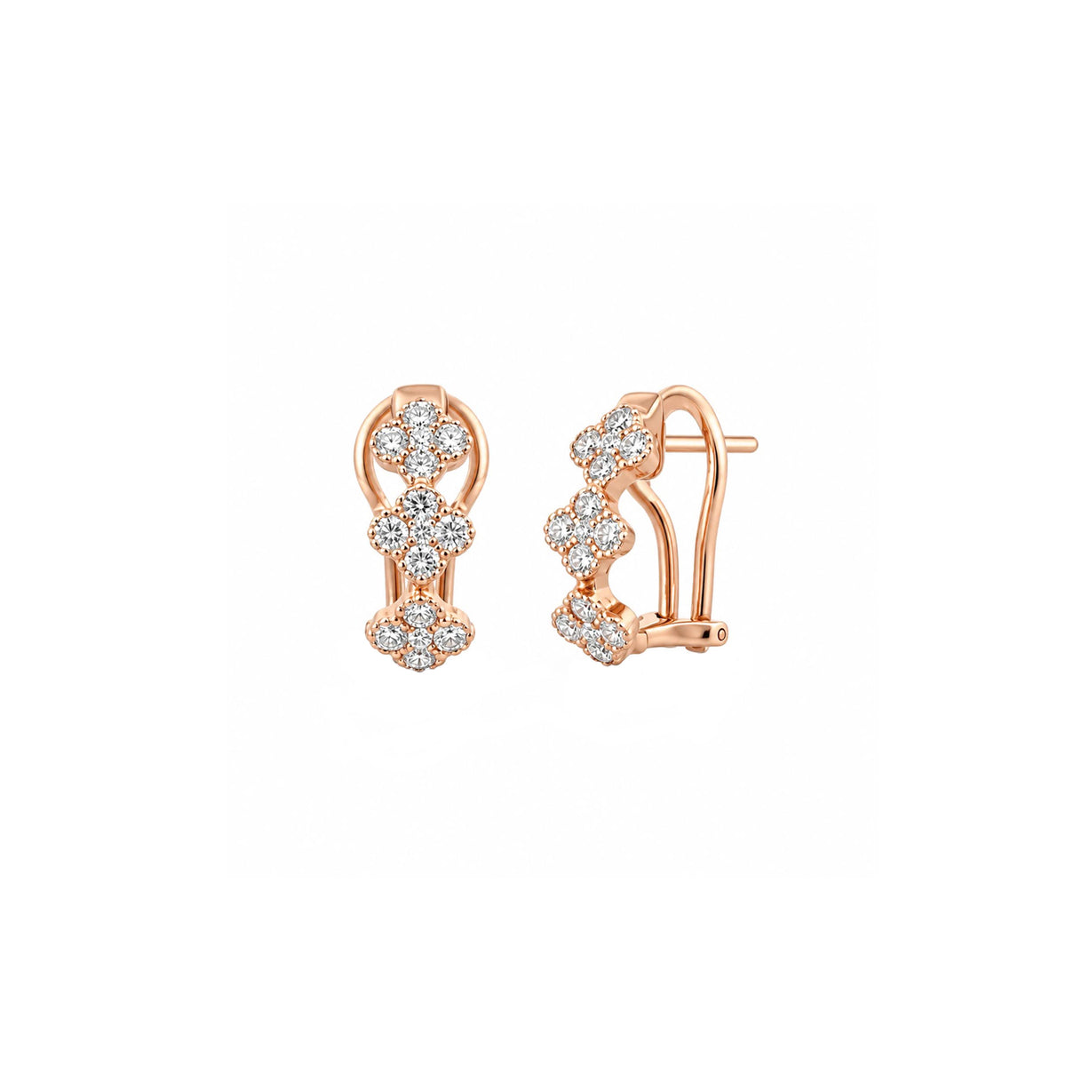 Petite 14K Rose Gold Clover Style Latch Back Earrings with 30 Diamonds