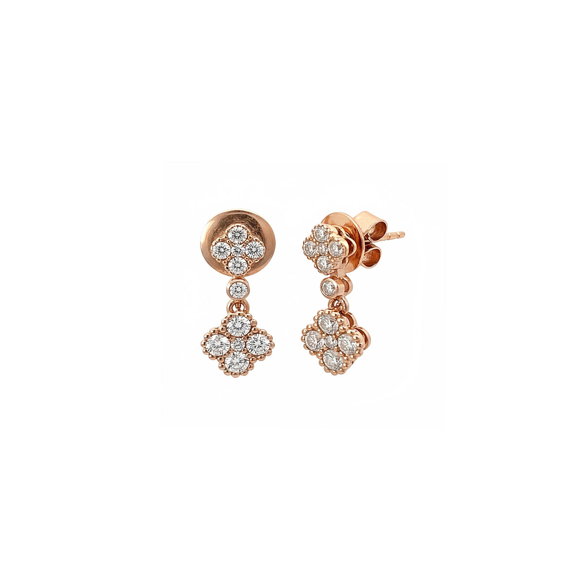 14K Rose Gold Clover Diamond Cluster Drop Earrings