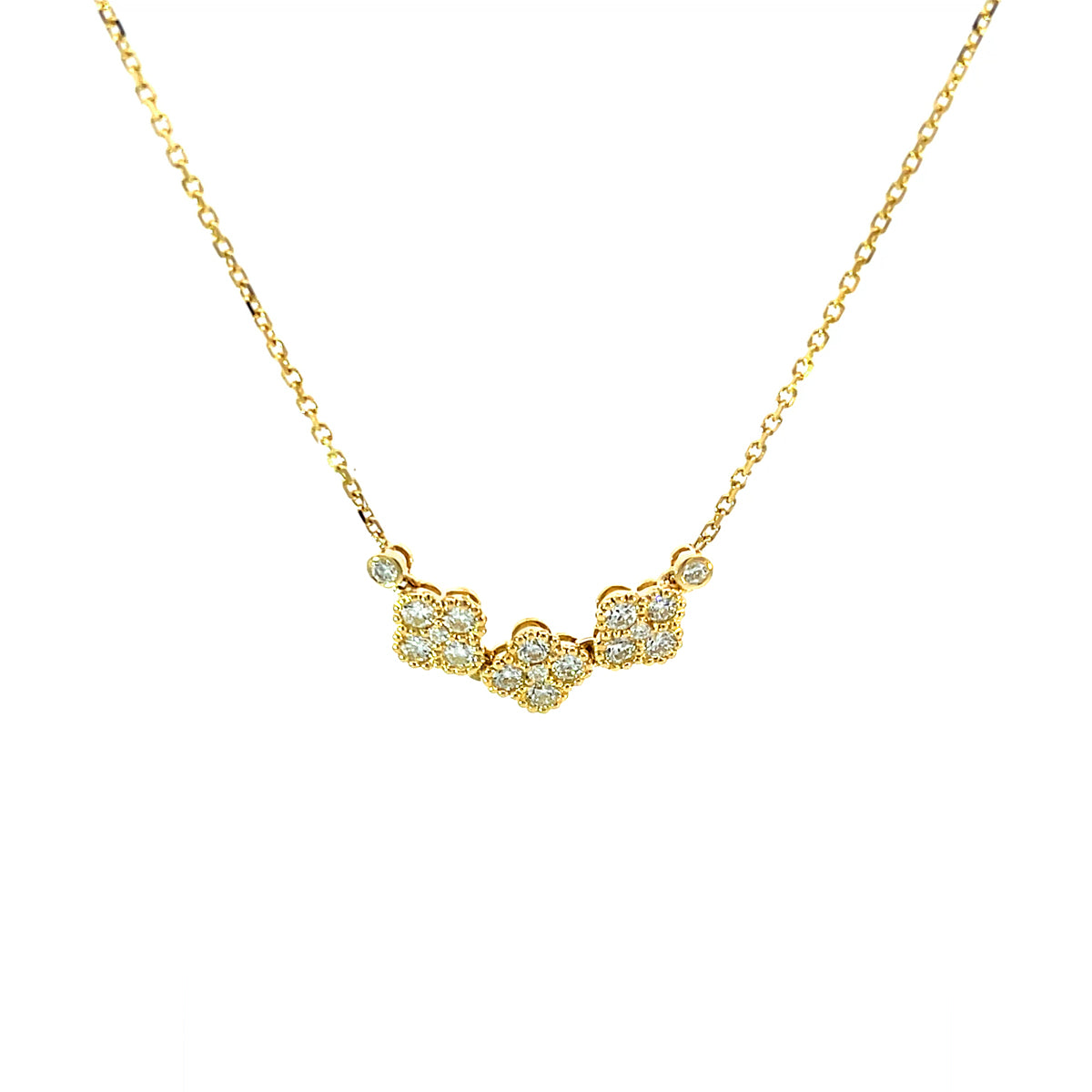 14K Yellow Gold Triple Clover Diamond Pendant Necklace