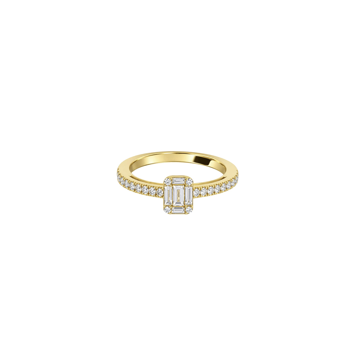 14K Yellow Gold Emerald Cut Illusion Diamond Ring with Pave Side Stones