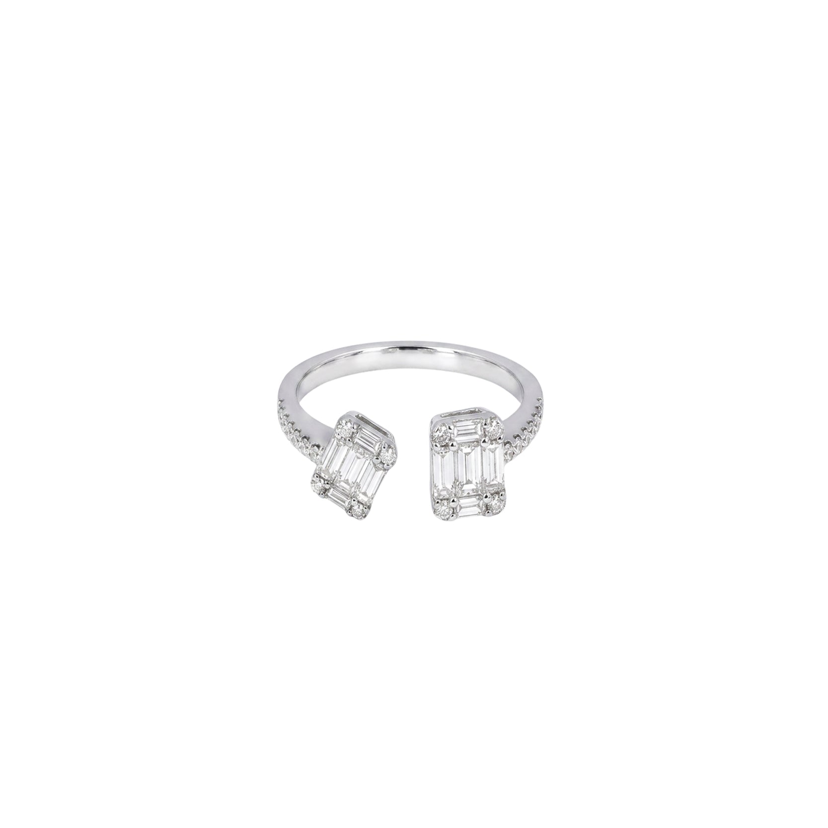 14K White Gold Double Emerald Illusion Open Ring With Pave Side Stones