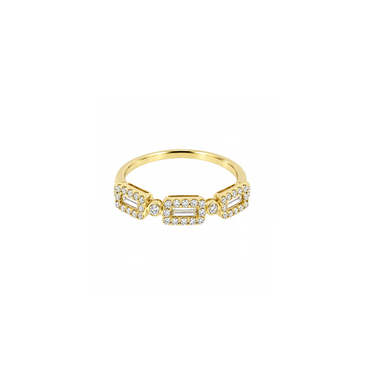 14K Yellow Gold Triple Halo and Baguette Cut Diamond Ring