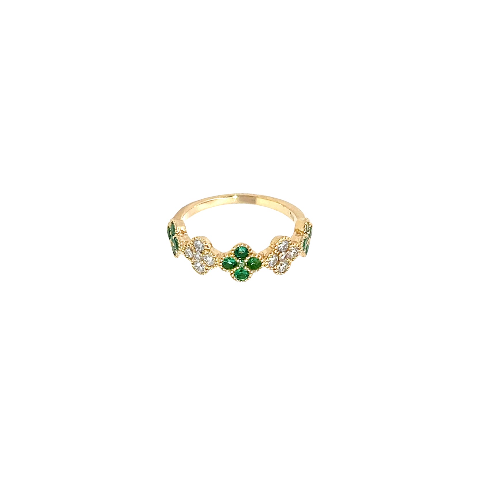 14K Yellow Gold Emerald and Diamond Clover Cluster Half-Eternity Ring