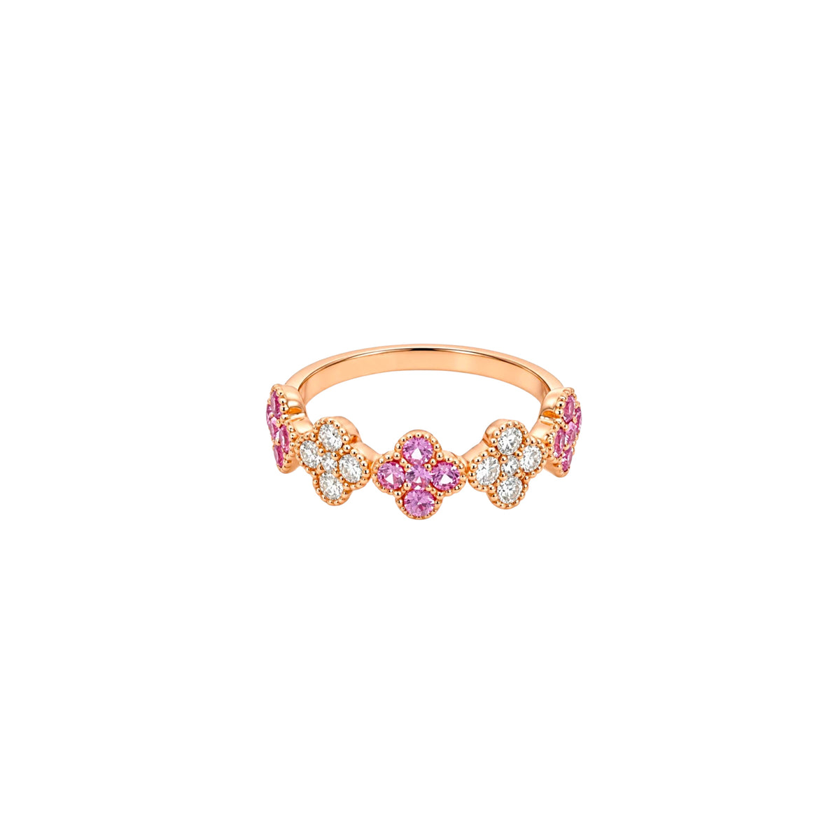 14K Rose Gold Pink Sapphire and Diamond Clover Cluster Half-Eternity Ring
