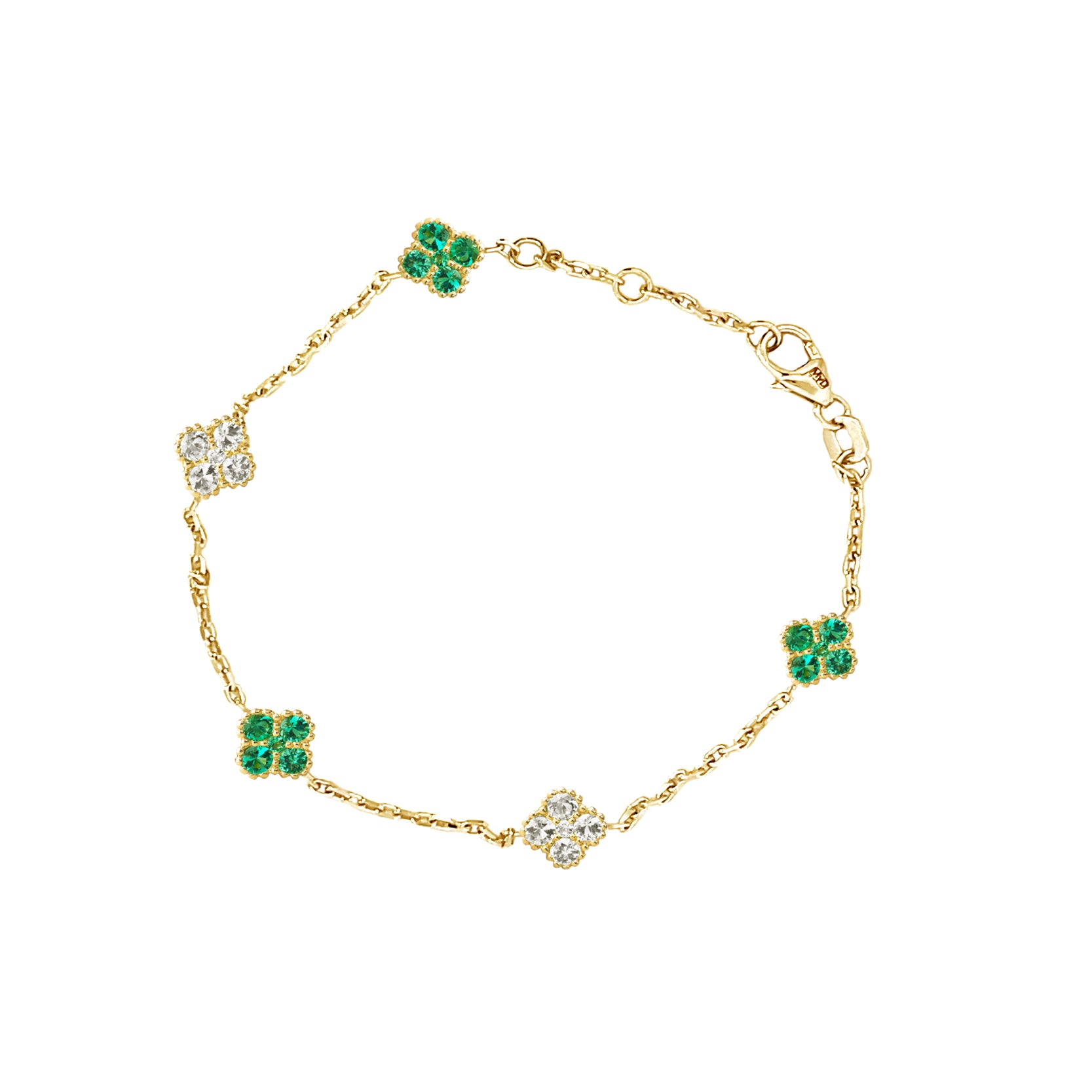 14K Yellow Gold Chain Bracelet with Emerald and Diamond Clovers