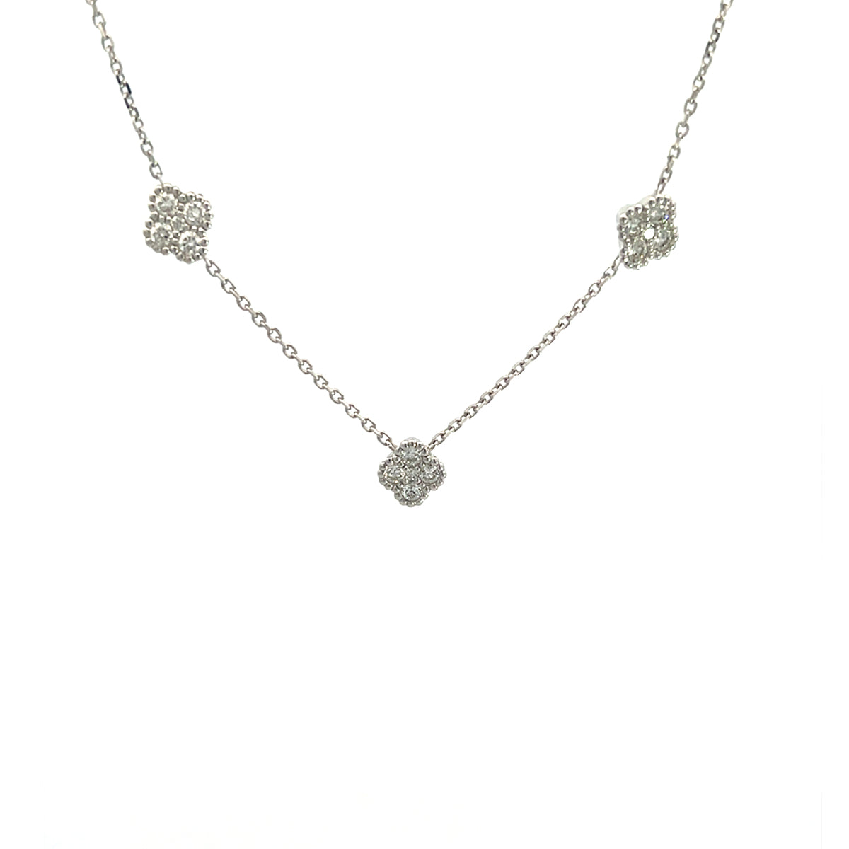 14K White Gold Chain Necklace with 3 Diamond Clover Clusters