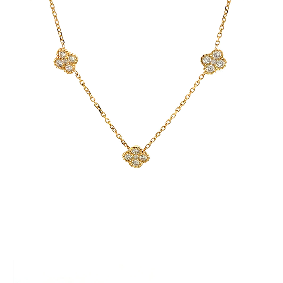 14K Yellow Gold Chain Necklace with 3 Diamond Clover Clusters