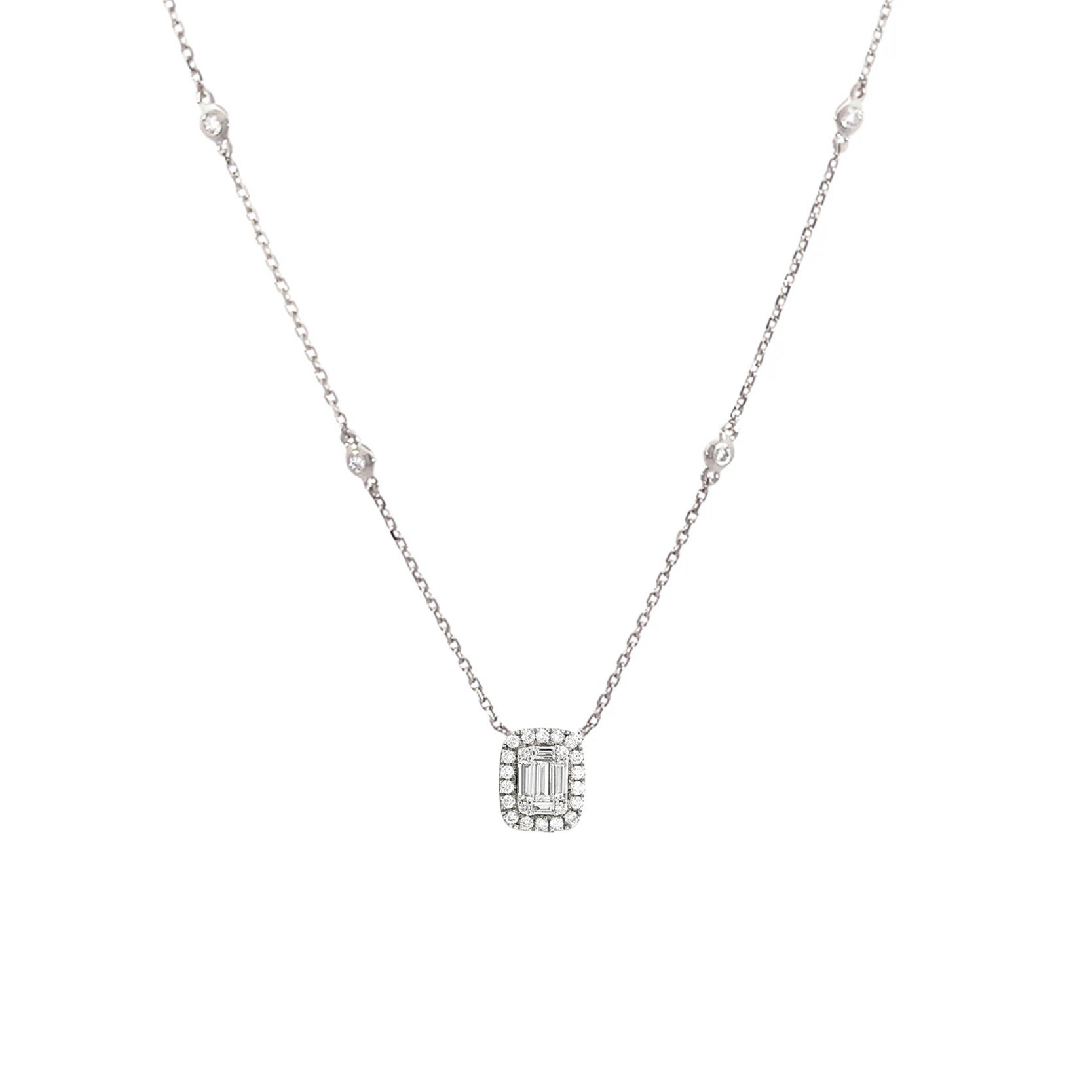 14K White Gold Emerald-Cut Illusion and Cushion Halo Diamond Pendant Necklace