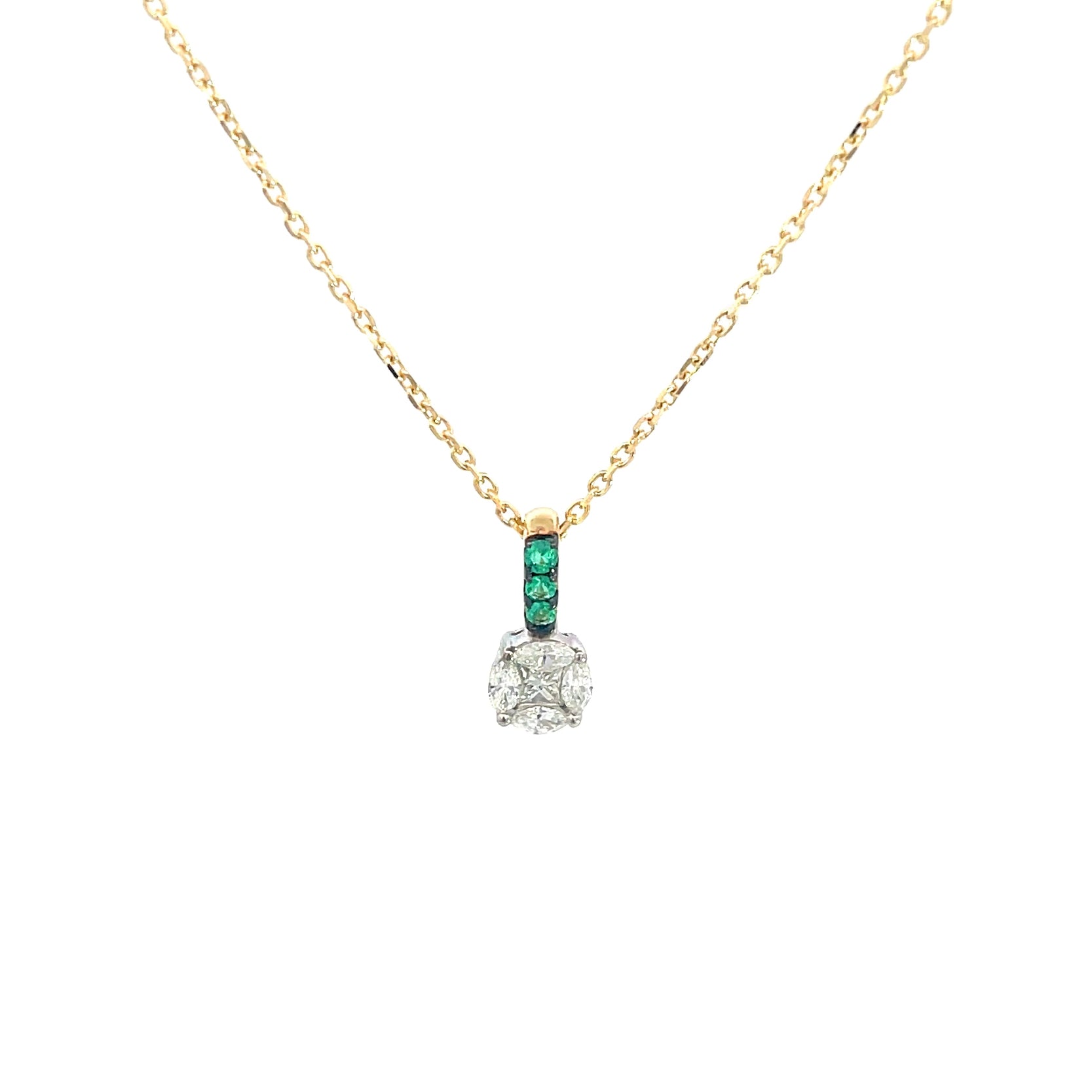 14K Yellow Gold Chain Necklace with 14K Yellow White Gold Emerald and Diamond Geometric Pendant