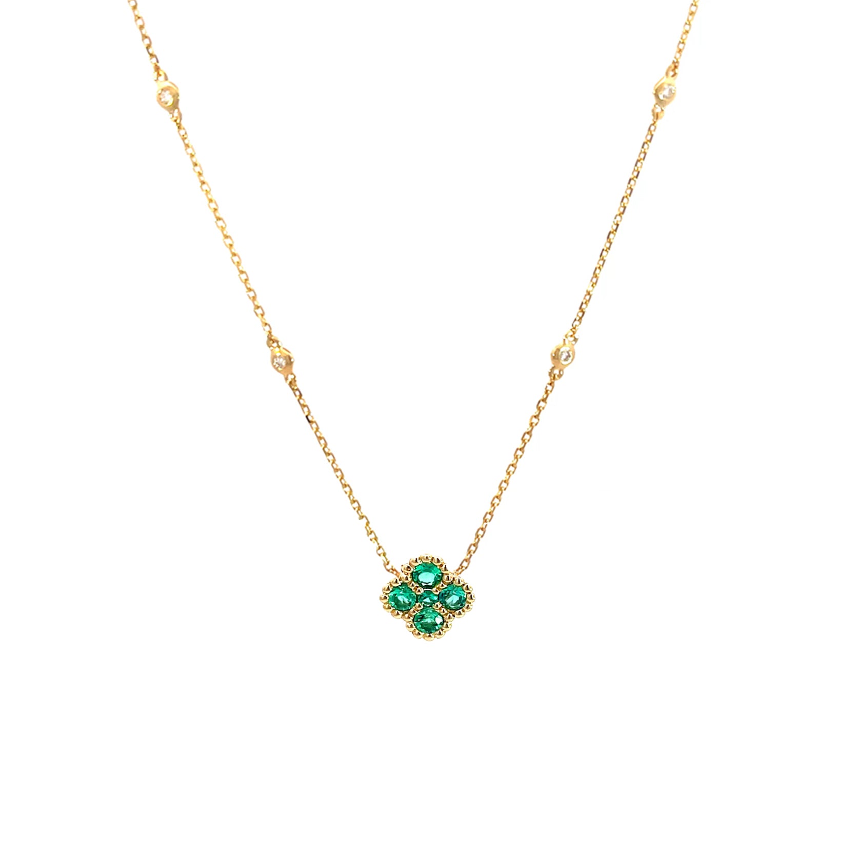 14K Yellow Gold Emerald Clover Pendant Necklace with 4 Bezel Set Diamonds