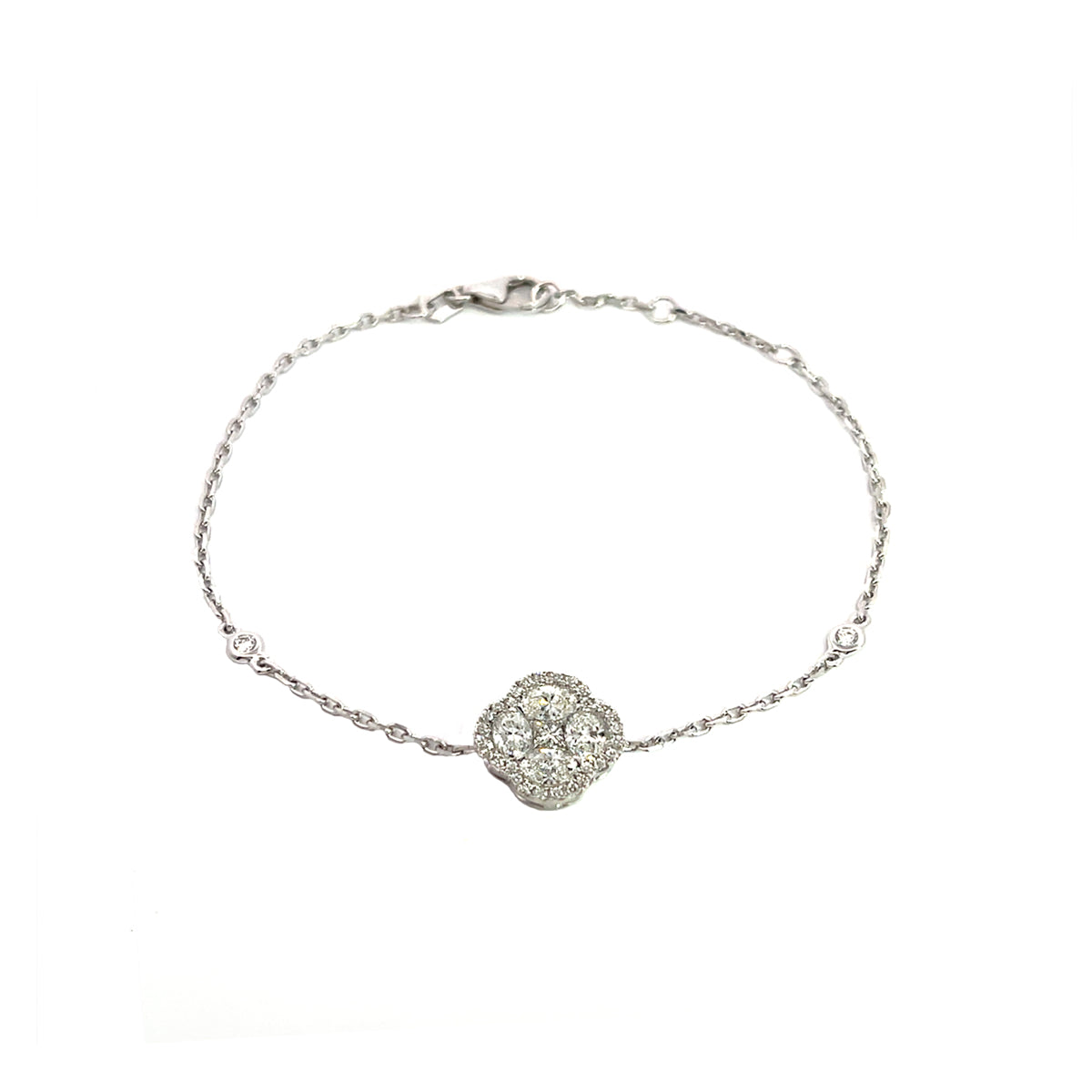 14K White Gold Chain Bracelet with Diamond Halo Clover Cluster and Bezel Set Diamonds