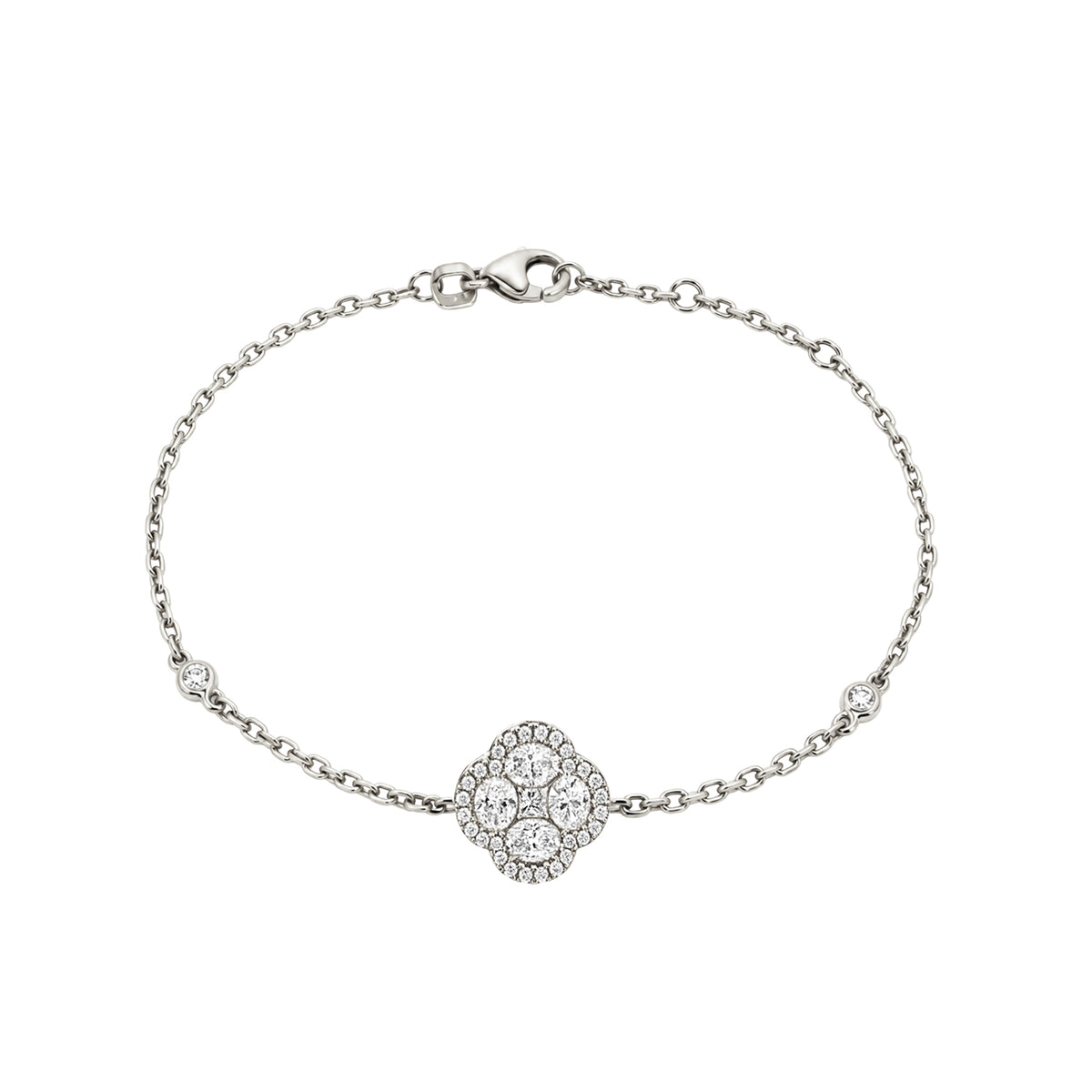 14K White Gold Chain Bracelet with Diamond Halo Clover Cluster and Bezel Set Diamonds