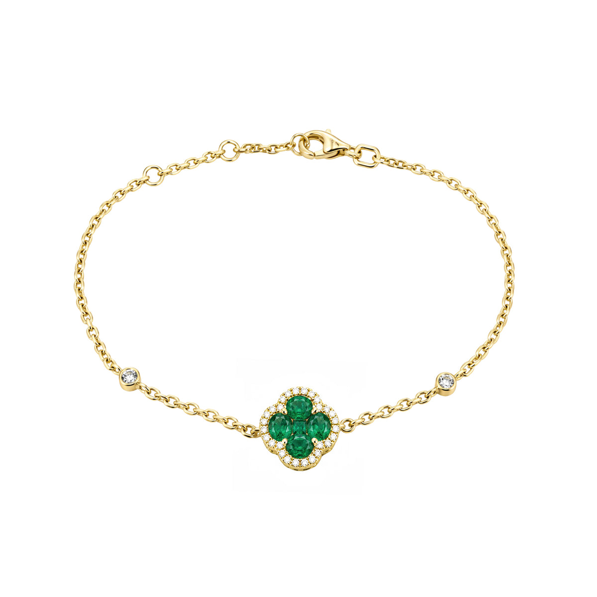 14K Yellow Gold Chain Bracelet with Emerald and Diamond Halo Clover Cluster and Bezel Set Diamonds