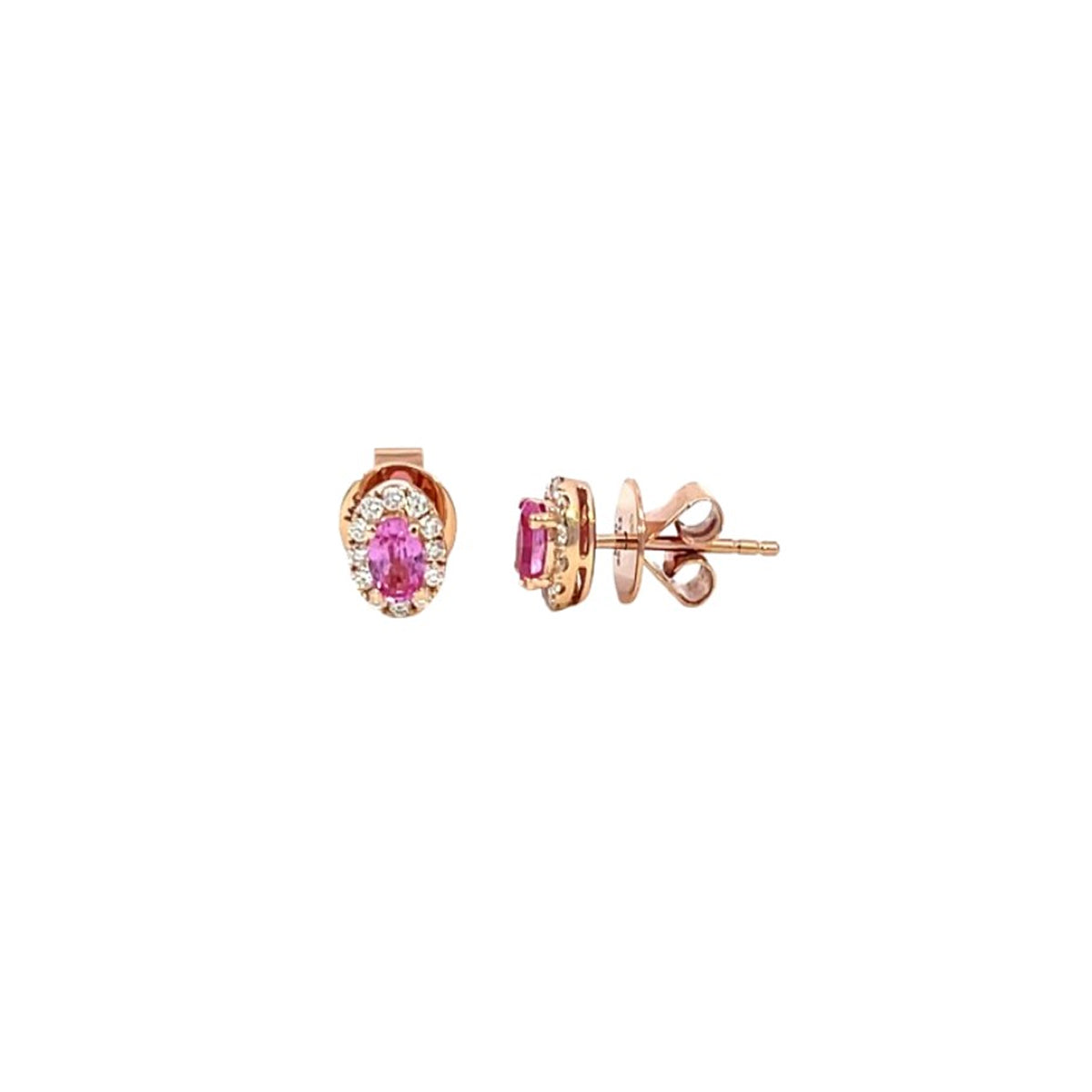 14K Rose Gold Oval Pink Sapphire and Diamond Halo Stud Earrings