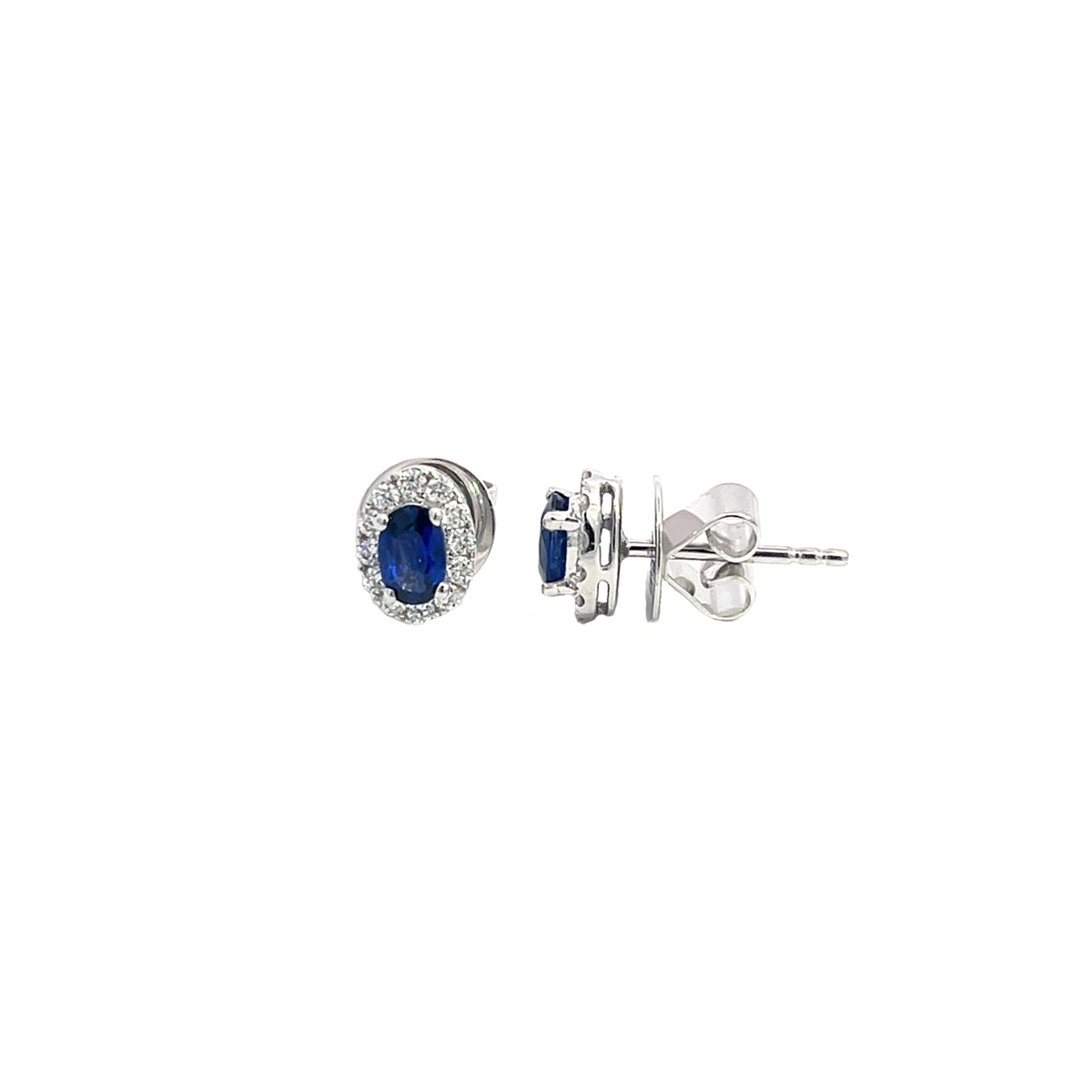 14K White Gold Oval Sapphire and Diamond Halo Stud Earrings