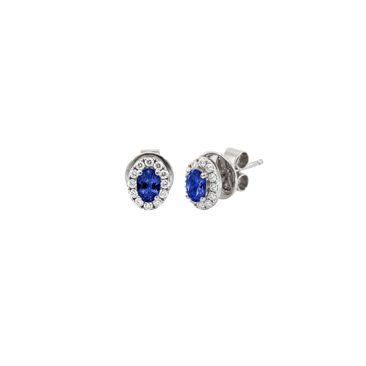 14K White Gold Oval Sapphire and Diamond Halo Stud Earrings