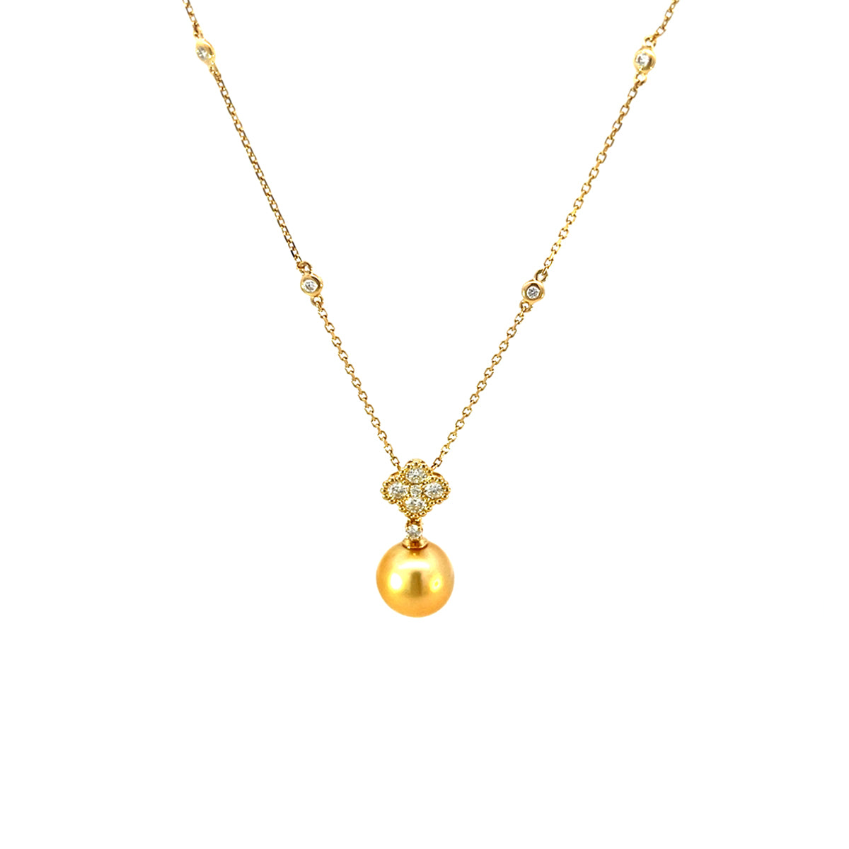 14K Yellow Gold Diamond and Golden Pearl Pendant Necklace