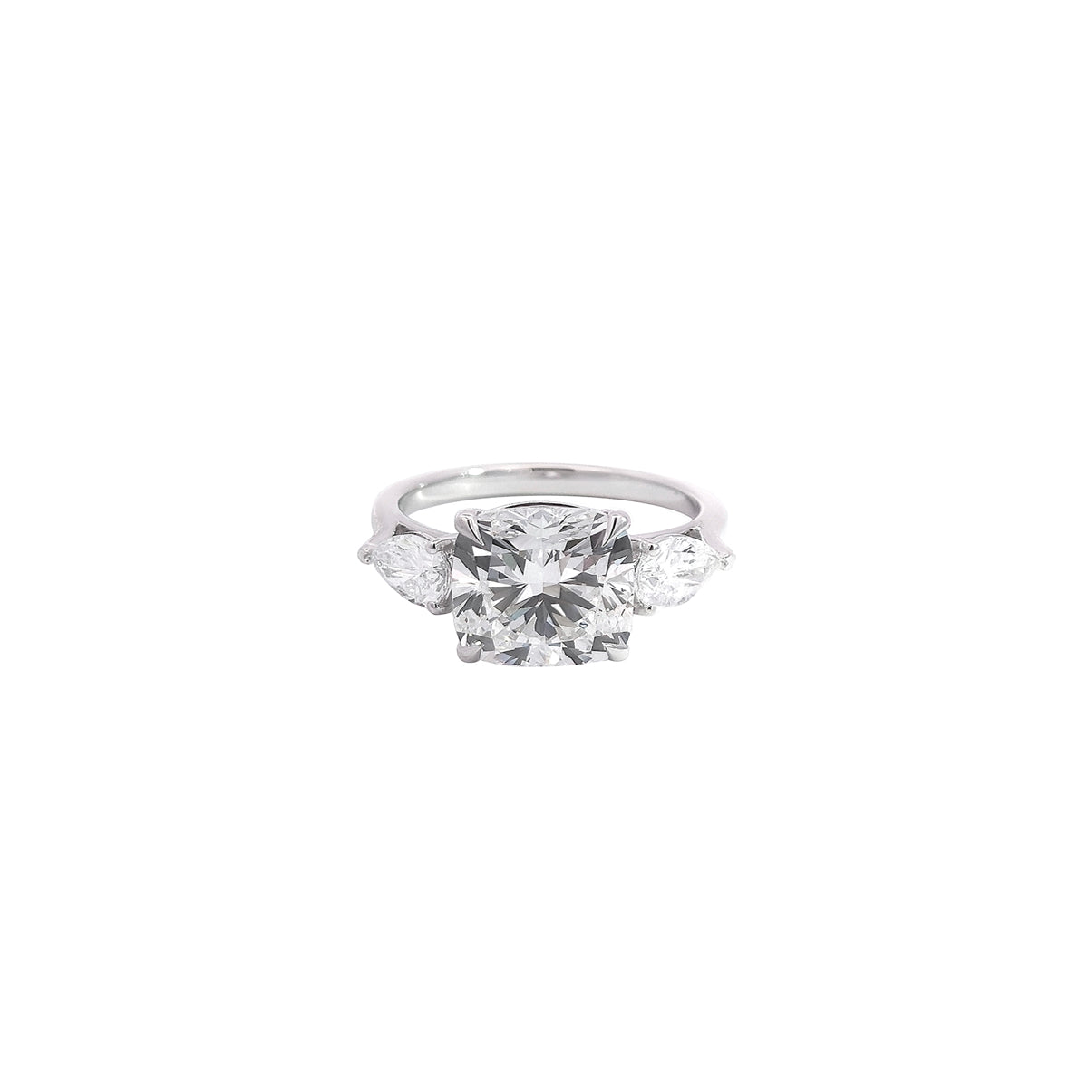 14K White Gold Lab Grown Diamond Ring with Cushion Cut Center Stone and Pear Shaped Side Stones