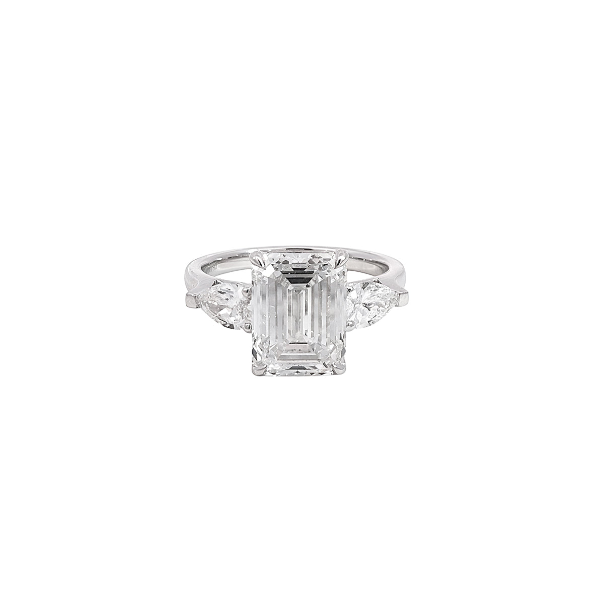 14K White Gold Lab Grown Diamond Ring with Emerald Cut Center stone and Pear Shaped Side Stones