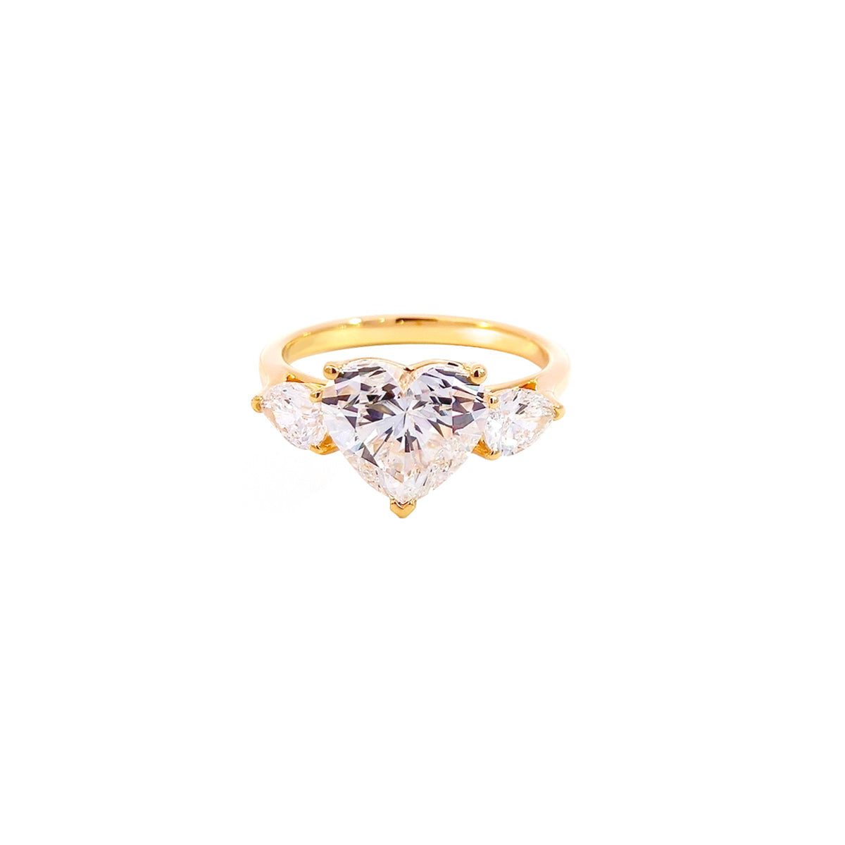 14K Yellow Gold Lab Grown Diamond Ring with Heart Shaped Center Stone and Pear Shaped Side Stones