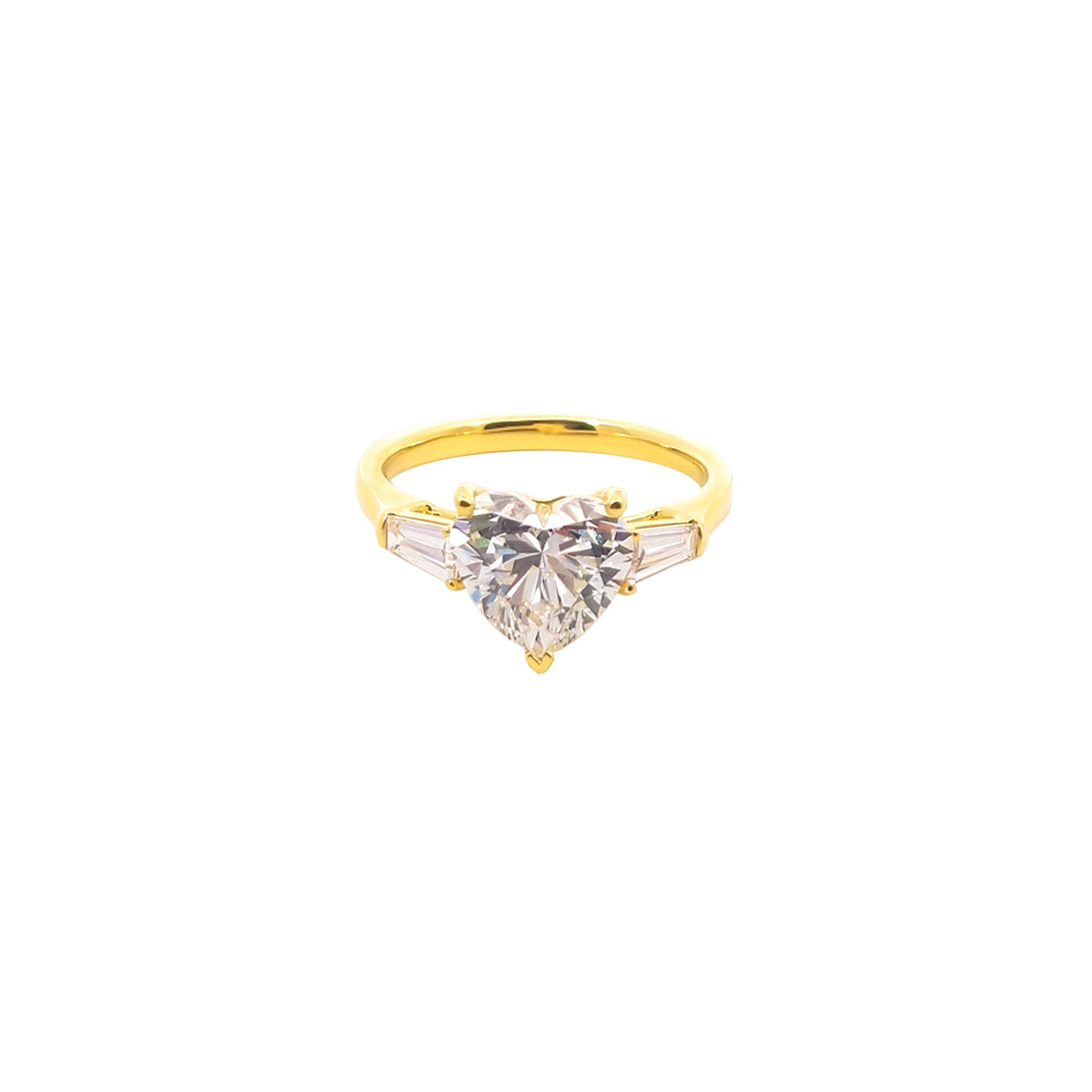 14K Yellow Gold Lab Grown Diamond Ring with Heart Shaped Center Stone and Tapered Baguette Side Stones